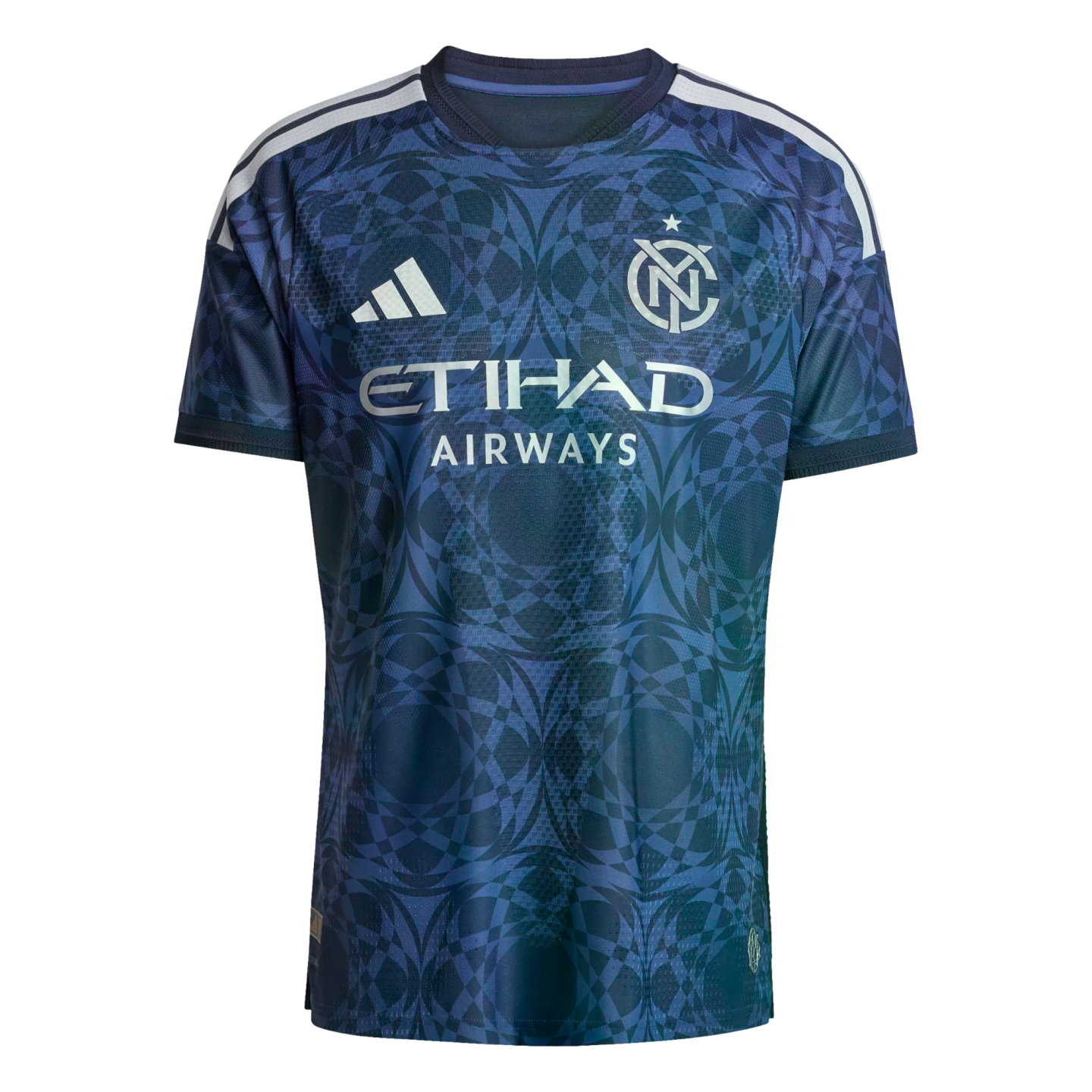 Navy and teal New York City FC soccer jersey with an intricate geometric pattern, silver club crest, white Adidas logo, and Etihad Airways sponsor logo.