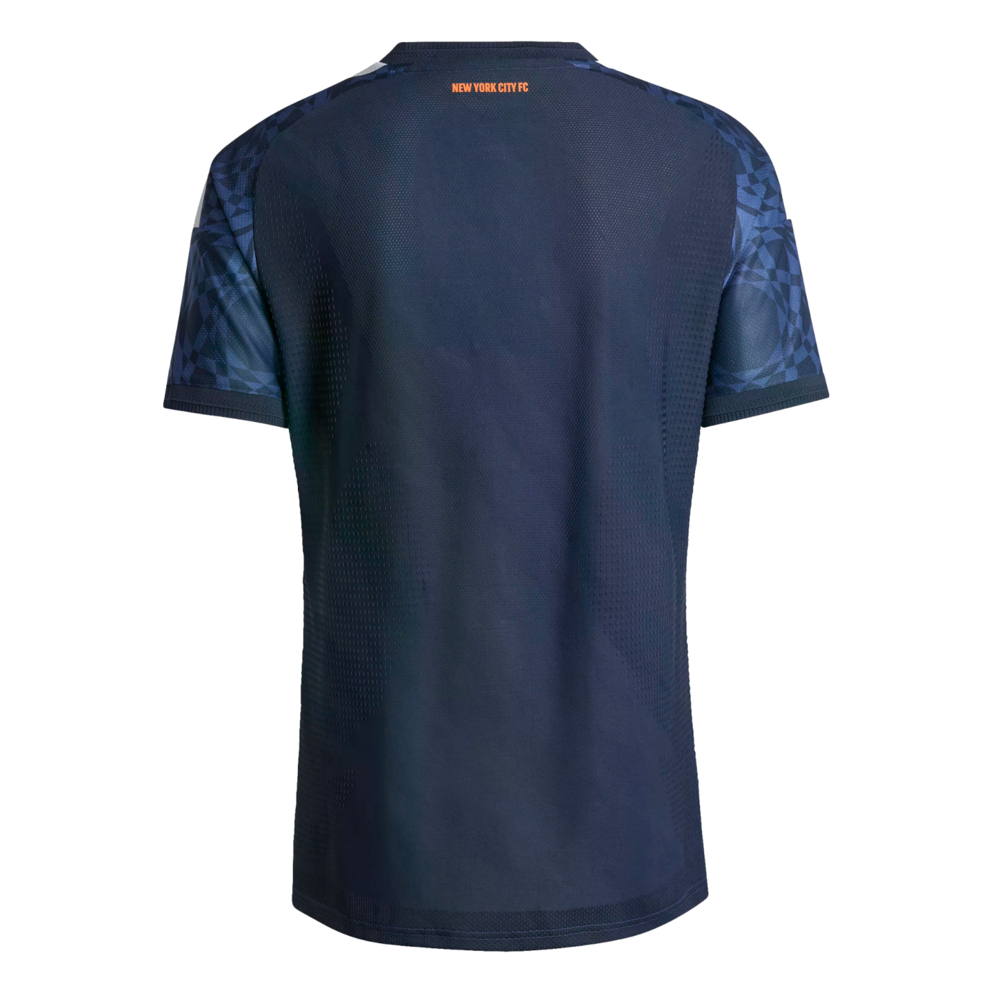 Back view of a navy blue New York City FC soccer jersey featuring orange 'NEW YORK CITY FC' text and geometric-patterned sleeves against a black background.