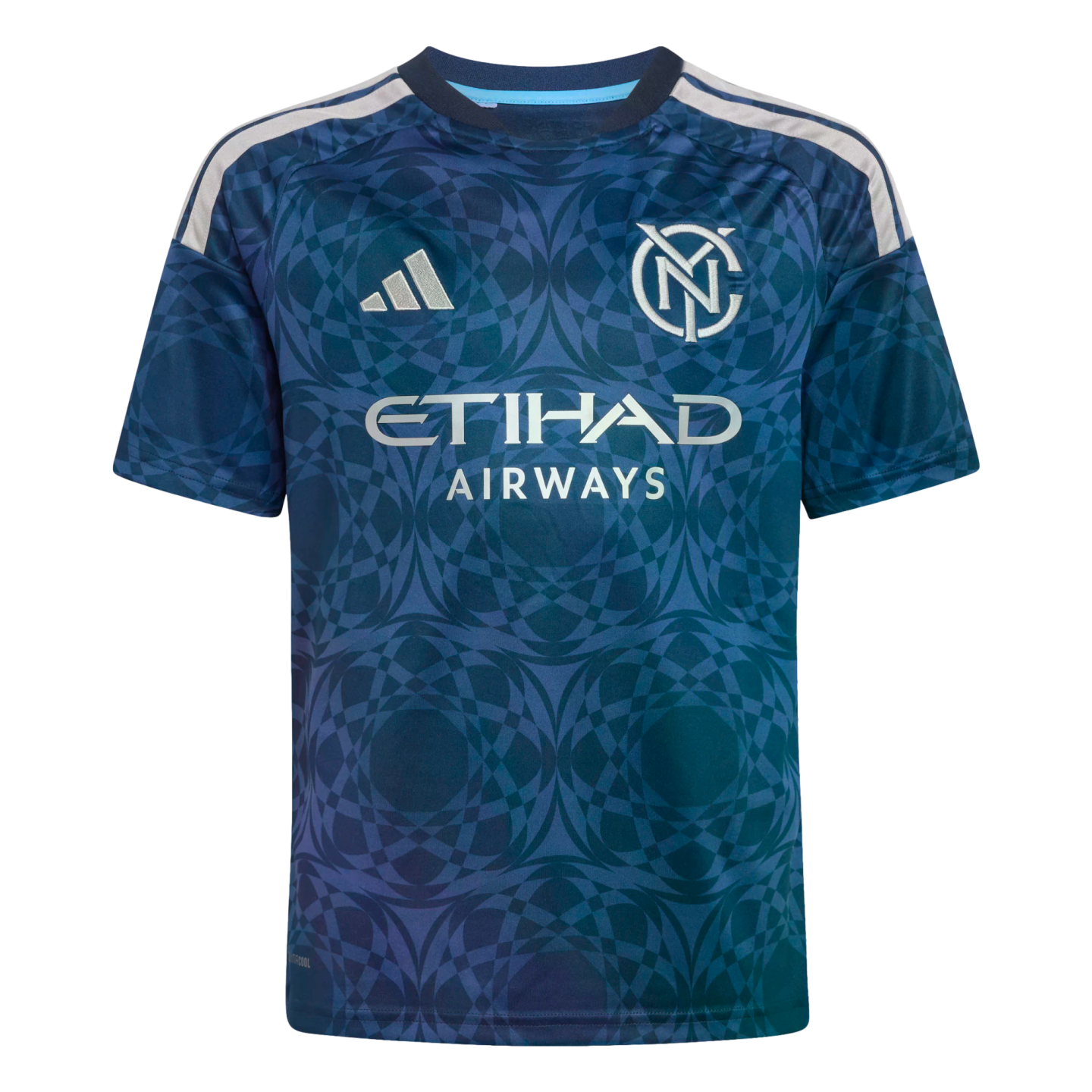 A dark blue New York City FC soccer jersey by Adidas, featuring a geometric pattern, the NYC crest, Etihad Airways sponsor logo, and white stripes on the shoulders.