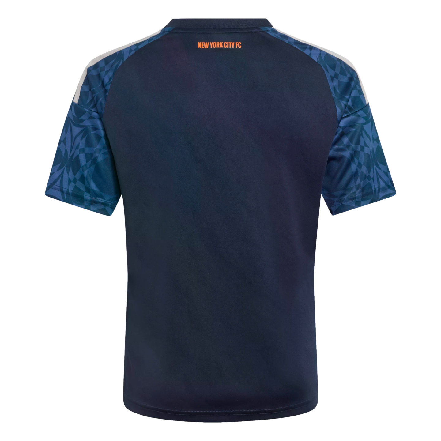 Back view of a navy blue New York City FC soccer jersey. Features patterned blue sleeves, white shoulder stripes, and "NEW YORK CITY FC" in orange on the upper back.