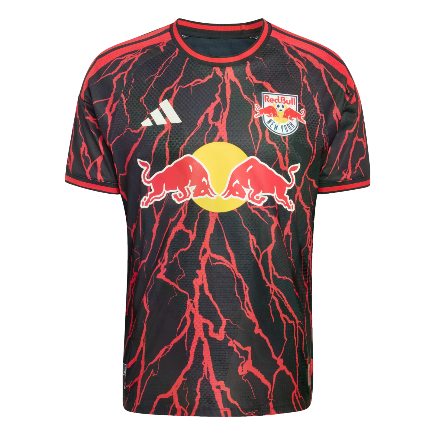 A New York Red Bulls soccer jersey by Adidas, featuring a black base with a red lightning bolt pattern, the team crest, and a central Red Bull logo.