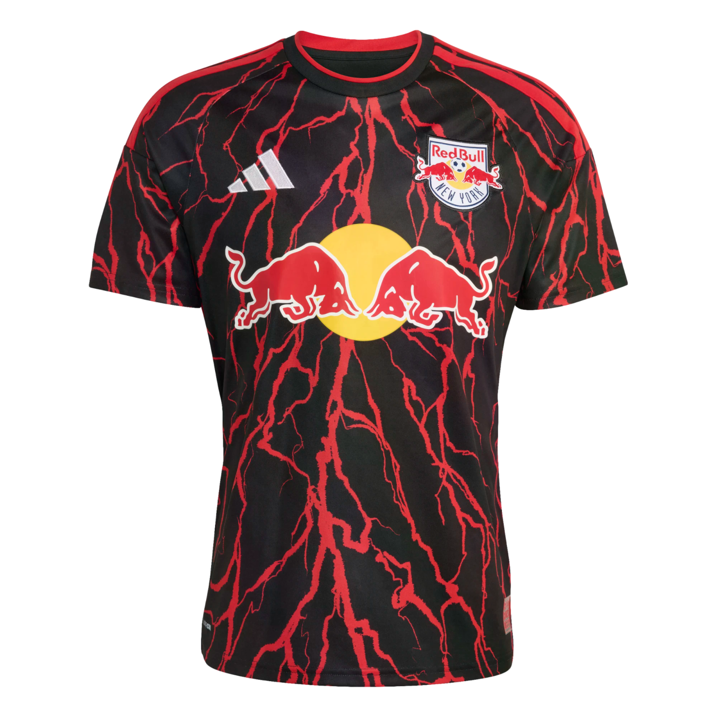 Adidas New York Red Bulls soccer jersey featuring a black base with a red lightning pattern and a large Red Bull logo on the chest.