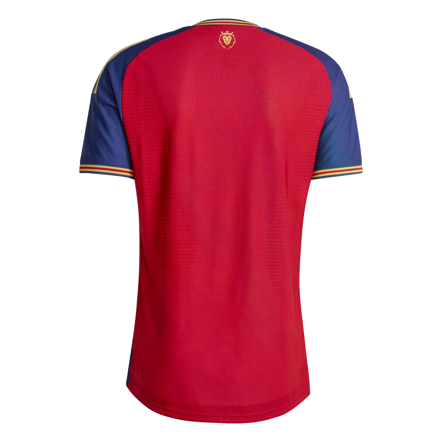 Back view of a red athletic jersey with blue sleeves, yellow shoulder stripes, and a small gold lion crest centered below the neckline.