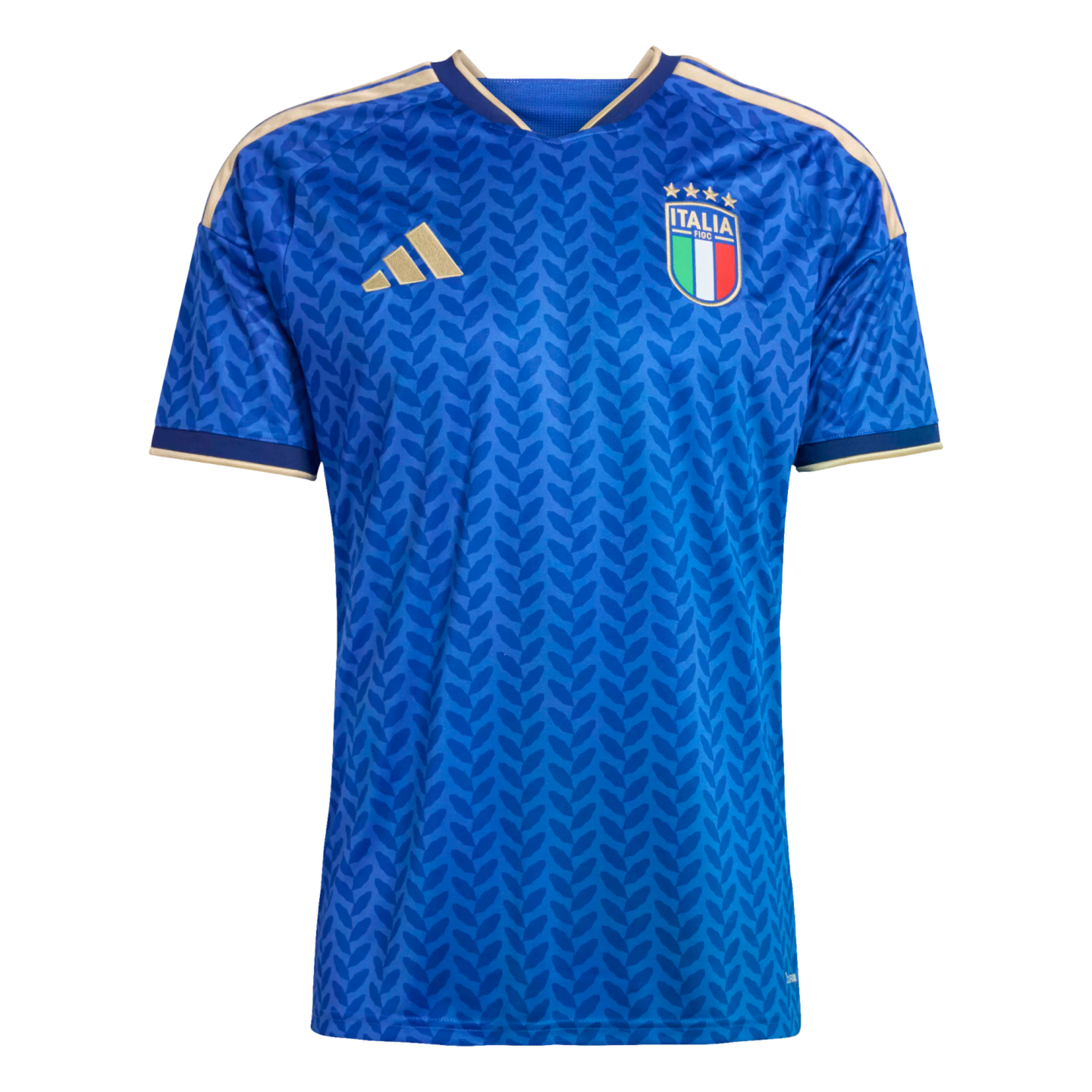 Royal blue Italy soccer jersey with tonal leaf pattern, gold Adidas logo, and national crest with four stars. Gold accents on shoulders and sleeve cuffs.