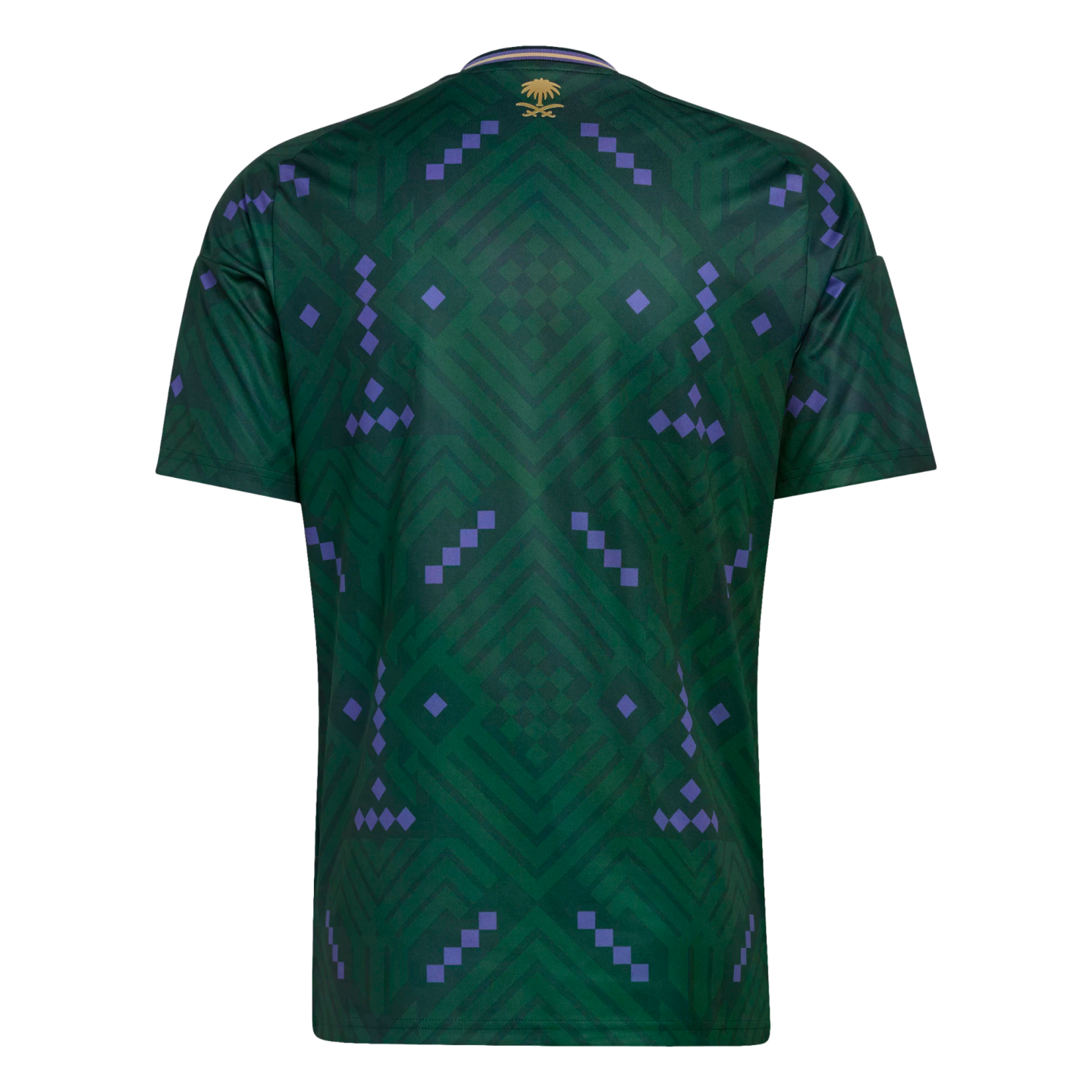 Back of a green Saudi Arabia soccer jersey featuring a purple geometric pattern and a small gold national emblem below the collar.