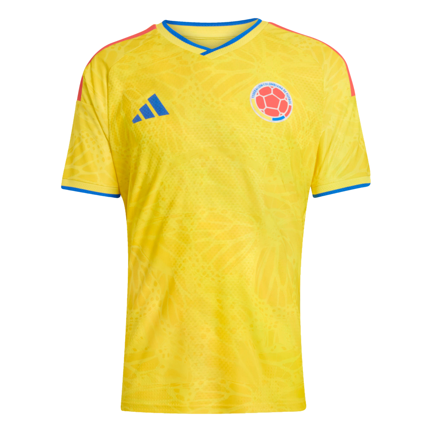 Yellow Colombia national team soccer jersey by Adidas, featuring blue and red trim and a subtle pattern across the front.