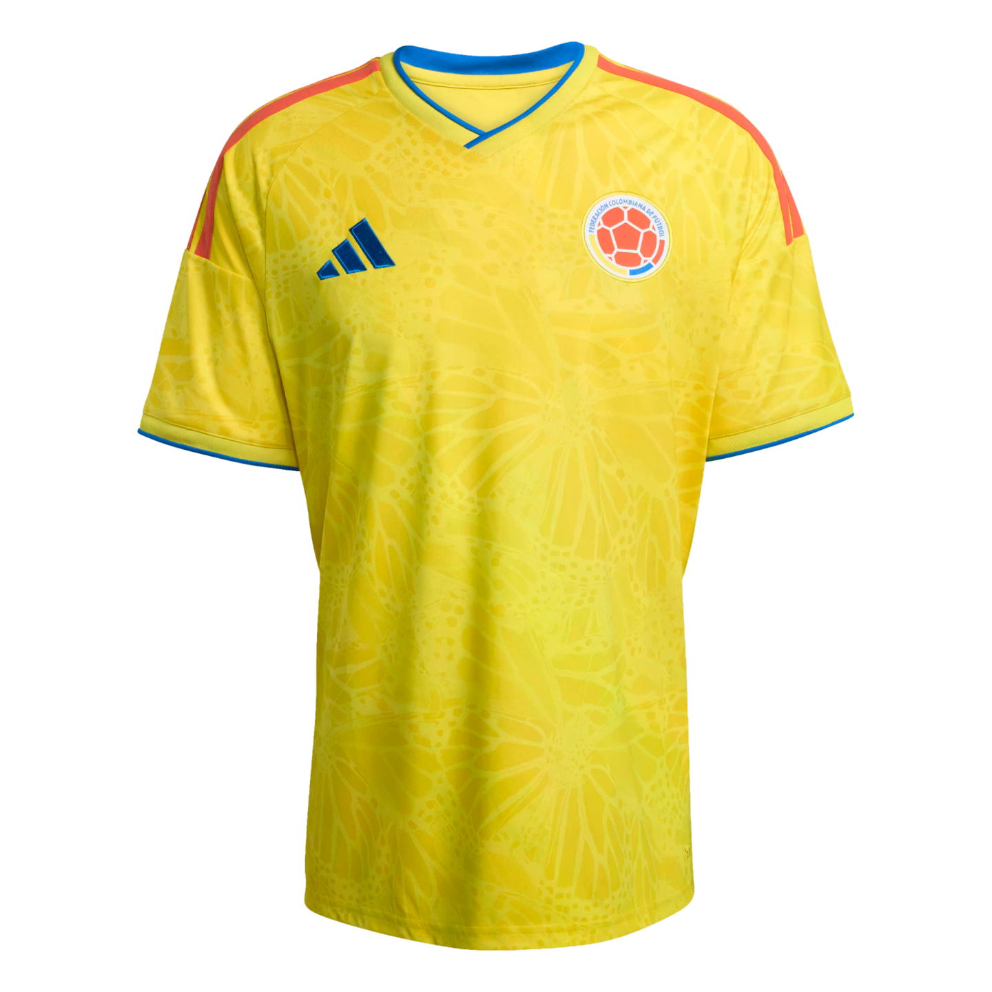 Yellow Adidas Colombia national team soccer jersey with a subtle tonal butterfly pattern, blue collar and sleeve trim, and orange shoulder stripes.