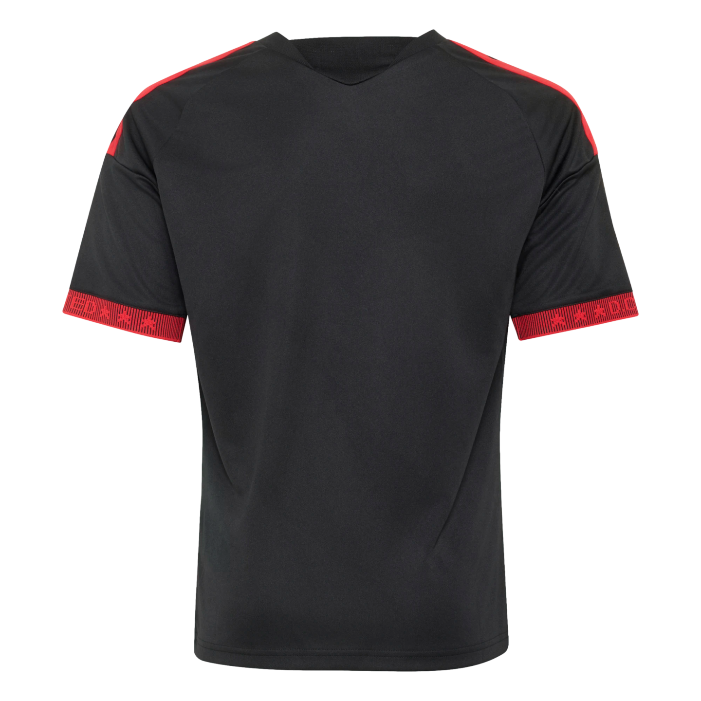 Rear view of a black short-sleeved sports jersey featuring red stripes on the shoulders and detailed red trim on the sleeve cuffs.