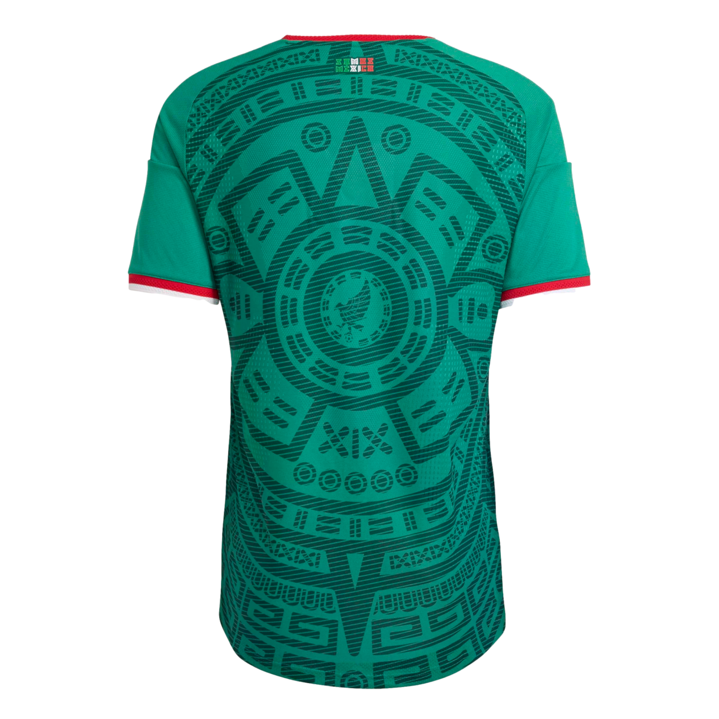 Back of a green Mexico national team soccer jersey featuring a large, intricate Aztec-inspired tonal pattern and red and white trim on the collar and sleeves.