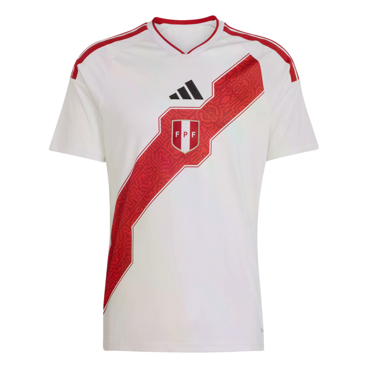 White Peru soccer jersey with a patterned red diagonal sash featuring the FPF crest, red shoulder stripes, and a black Adidas logo.