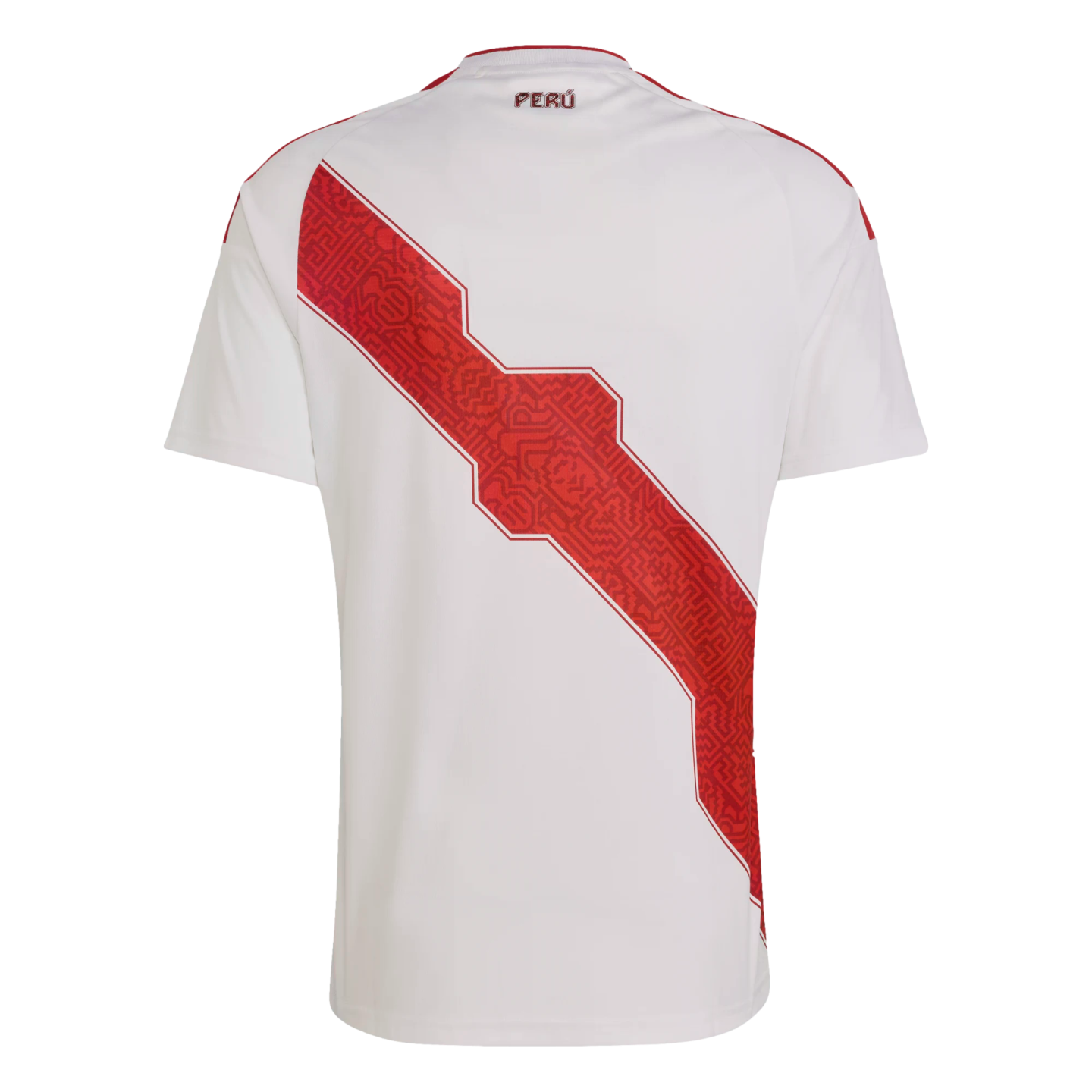Back view of a white Peru national football team jersey featuring a patterned red diagonal sash and "PERÚ" on the upper back.