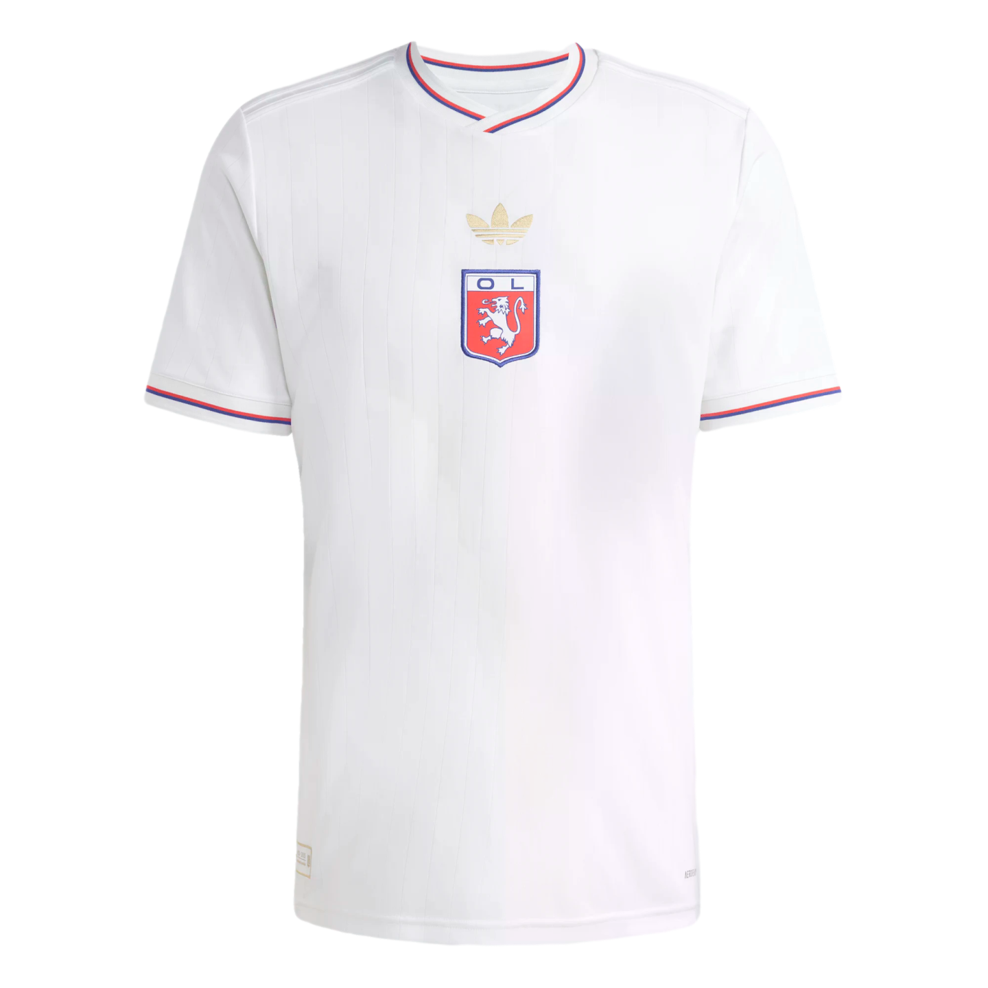 White Olympique Lyonnais football jersey with a central crest, gold Adidas Trefoil logo, and red and blue striped detailing on the collar and sleeve cuffs.