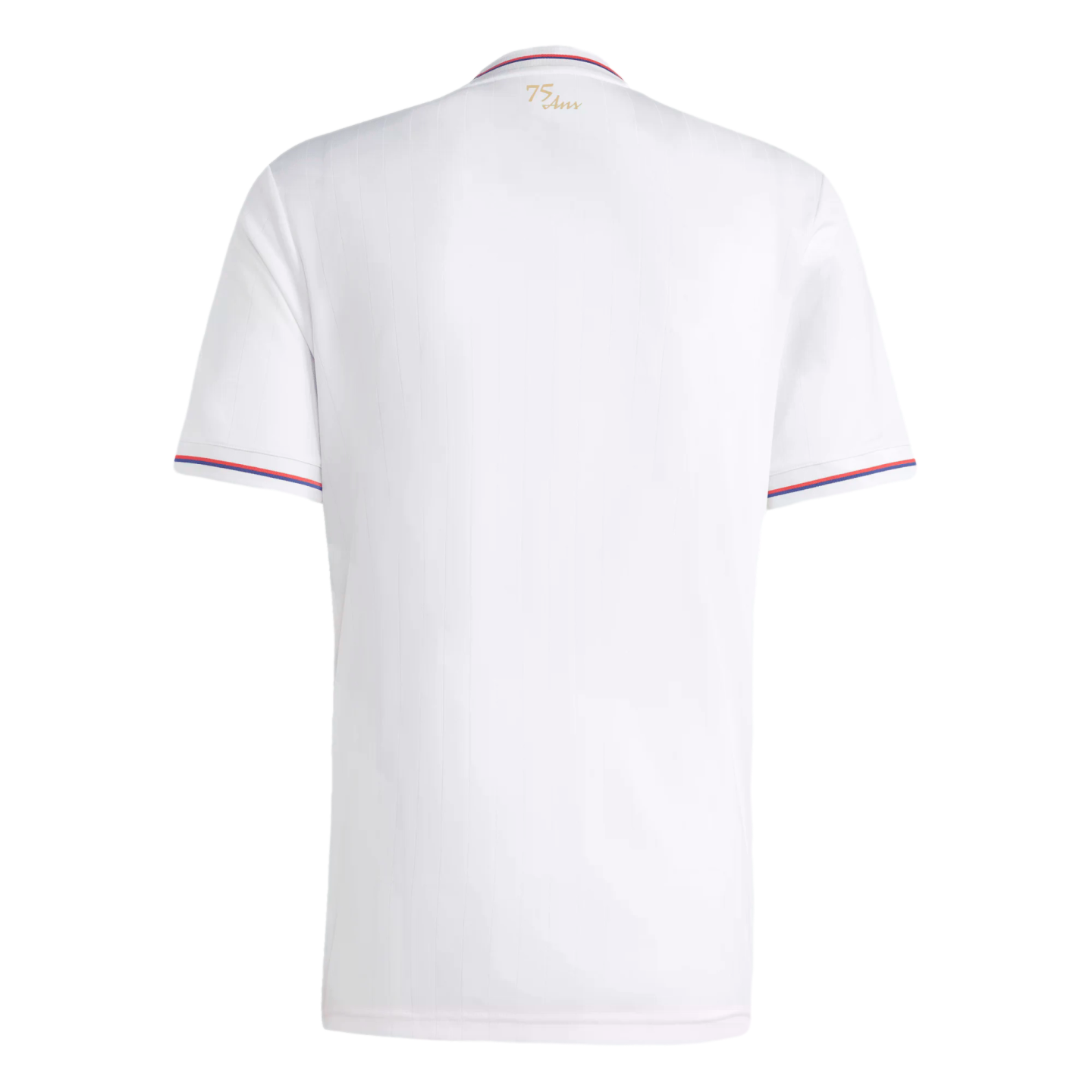 Back of a white short-sleeved jersey with red and blue trim on the collar and cuffs. A small gold "75 Ans" logo is on the back neck. The fabric features subtle vertical pinstripes.