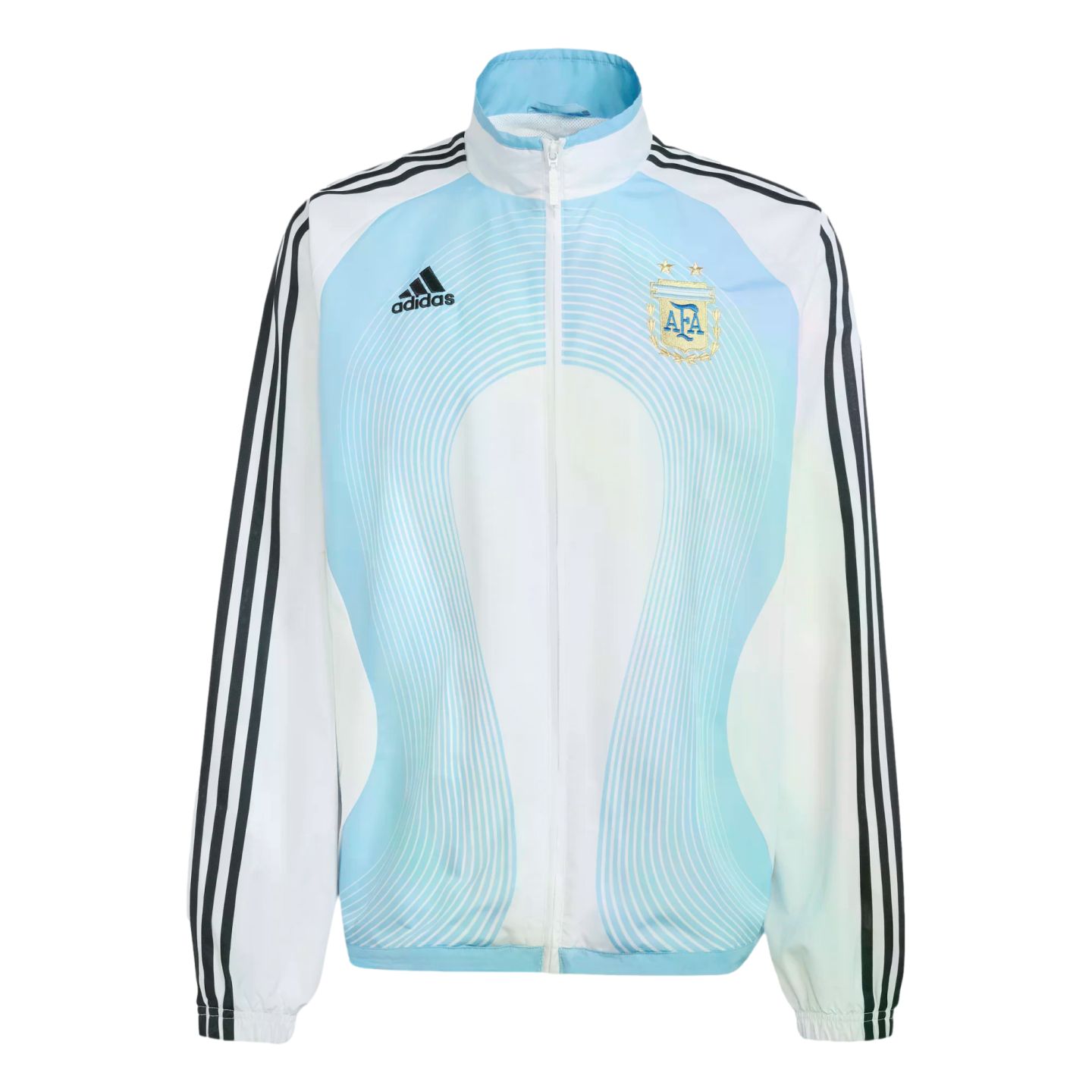 An Adidas Argentina track jacket in white and light blue, featuring the national team's crest and black three-stripes on the sleeves.