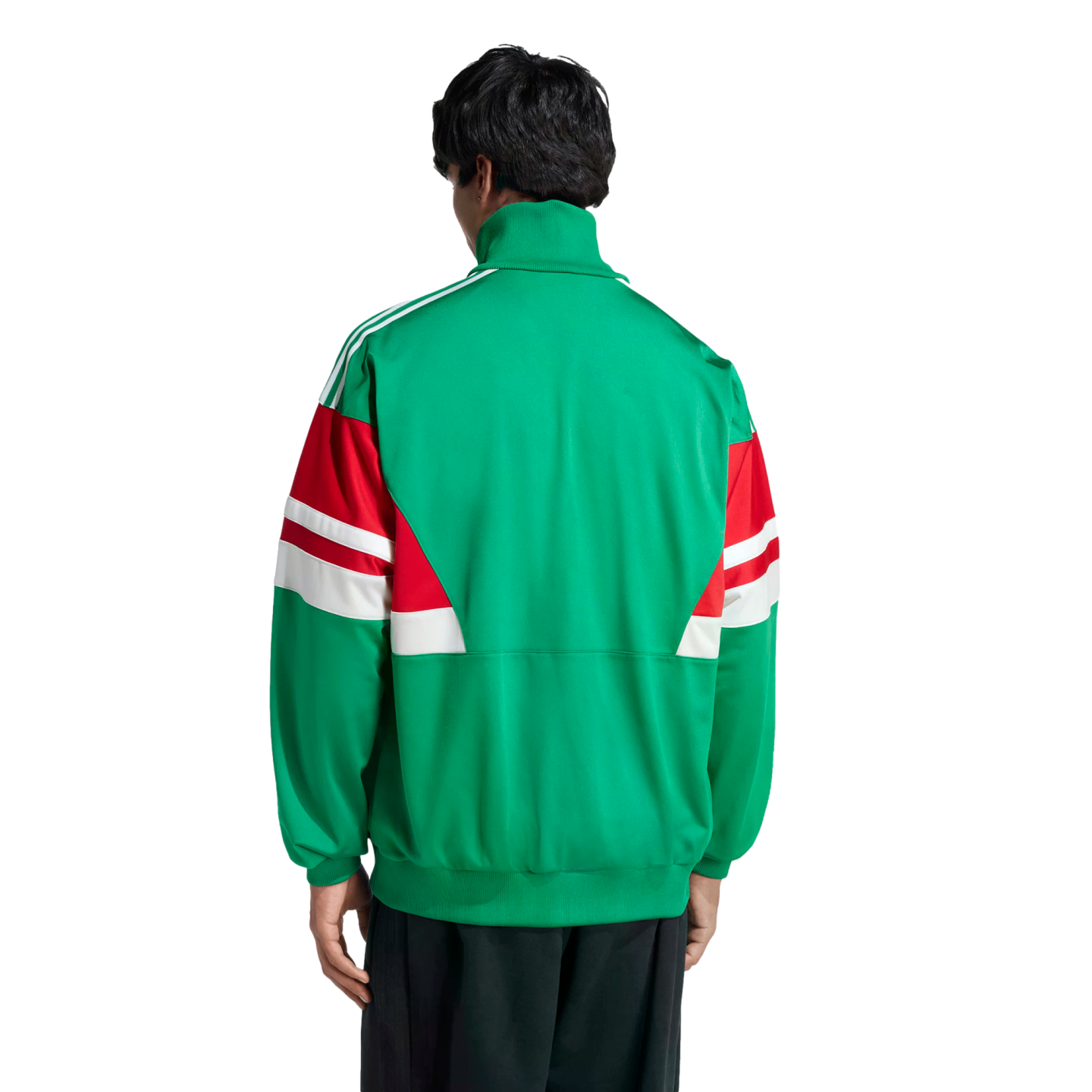 Back view of a person wearing a green track jacket with red and white color-blocked sleeves and white shoulder stripes, set against a black background.