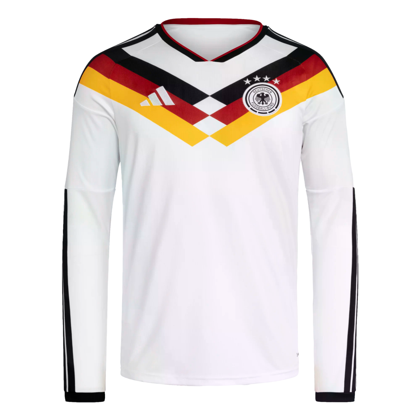 A long-sleeve white Germany home football jersey featuring black, red, and yellow chevron patterns across the chest, the Adidas logo, and the national team crest.