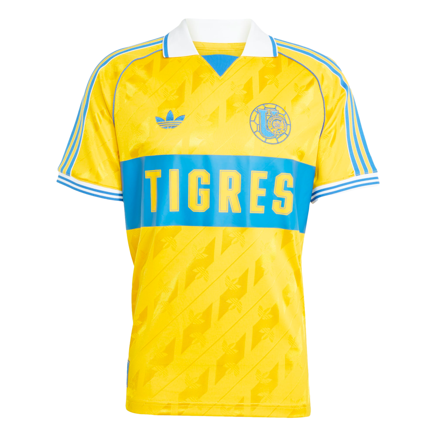Retro yellow Tigres soccer jersey with a blue horizontal band across the chest featuring "TIGRES" in yellow letters, a white polo collar, and blue Adidas stripes on the shoulders.