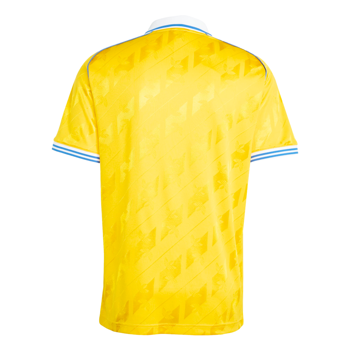 Back view of a yellow Adidas soccer jersey with a subtle diagonal logo pattern and blue and white striped trim on the collar and sleeve cuffs.