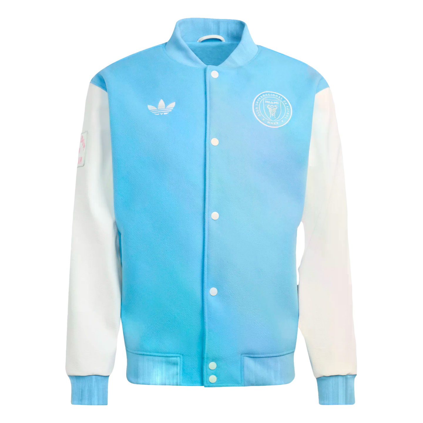 Light blue and white Adidas Inter Miami CF varsity jacket with a trefoil logo, team crest, white sleeves, and snap-button front.
