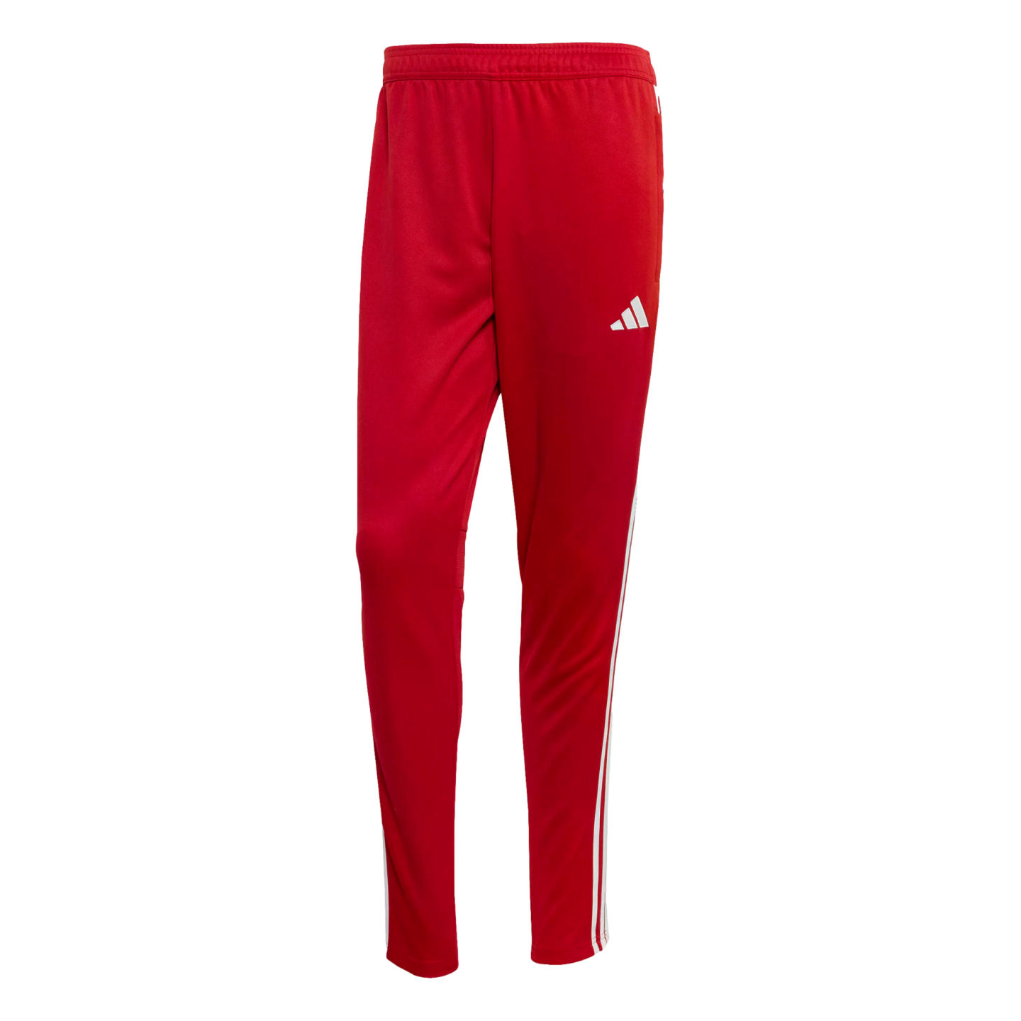 Red Adidas track pants featuring three white stripes down the sides and a white logo on the left thigh.