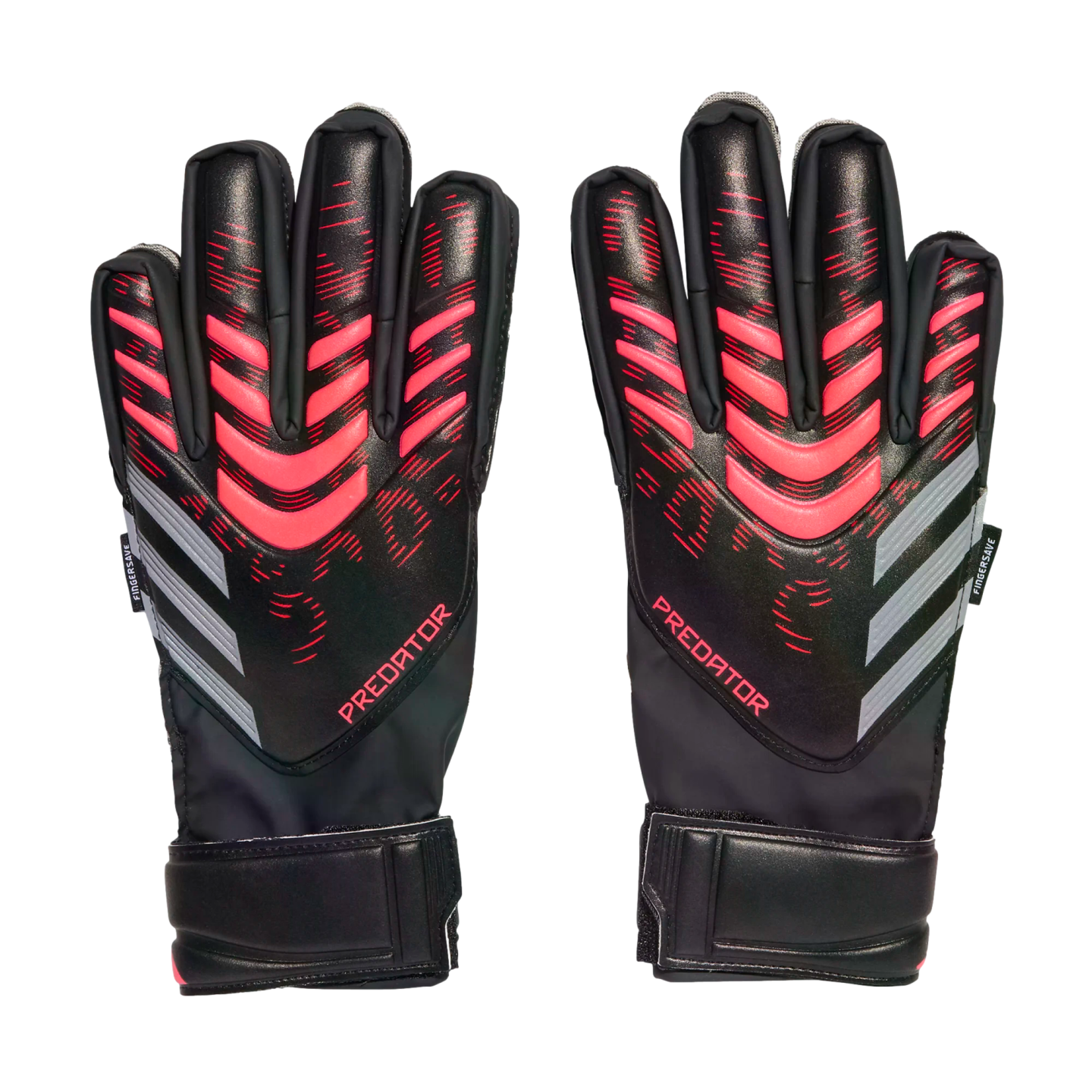 Pair of black Adidas Predator goalkeeper gloves with pink geometric accents and grey stripes, against a solid black background.