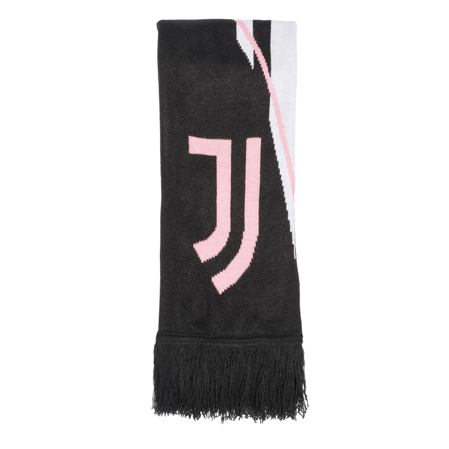 Black Juventus scarf with a large pink "JJ" logo and fringed edges. A white and pink stripe design runs vertically on one side.