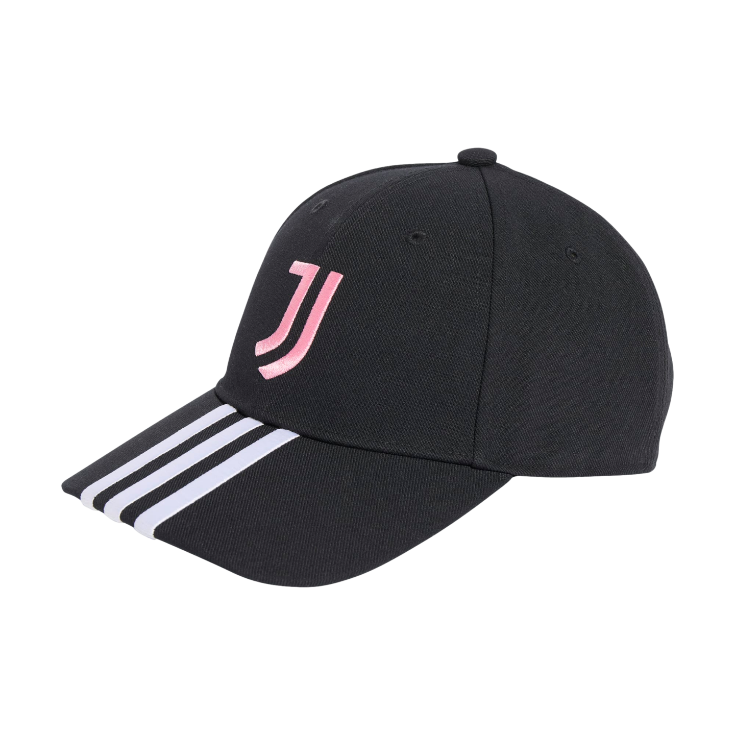 Black baseball cap featuring a pink Juventus logo on the front and three white Adidas stripes on the brim.