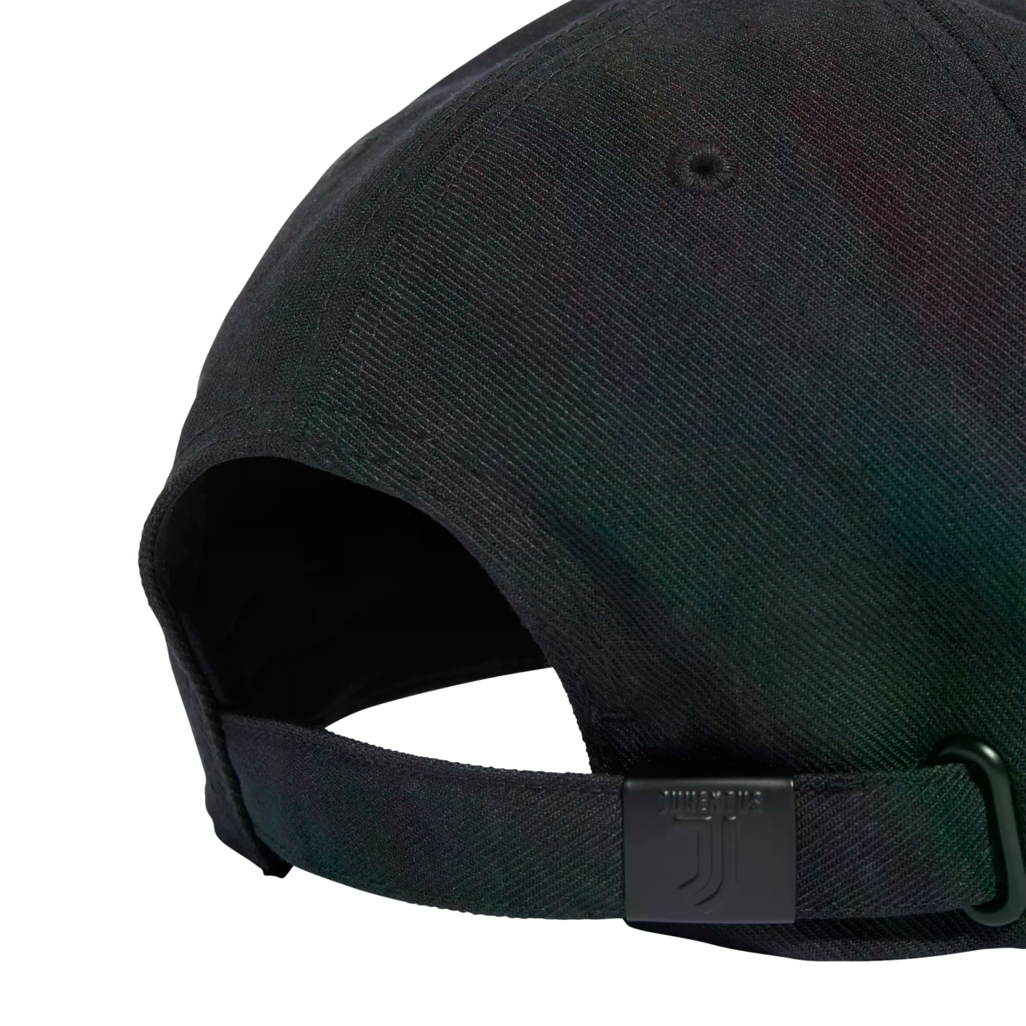 Close-up of the back of a black baseball cap featuring an adjustable strap with a metal slider embossed with the Juventus FC logo.