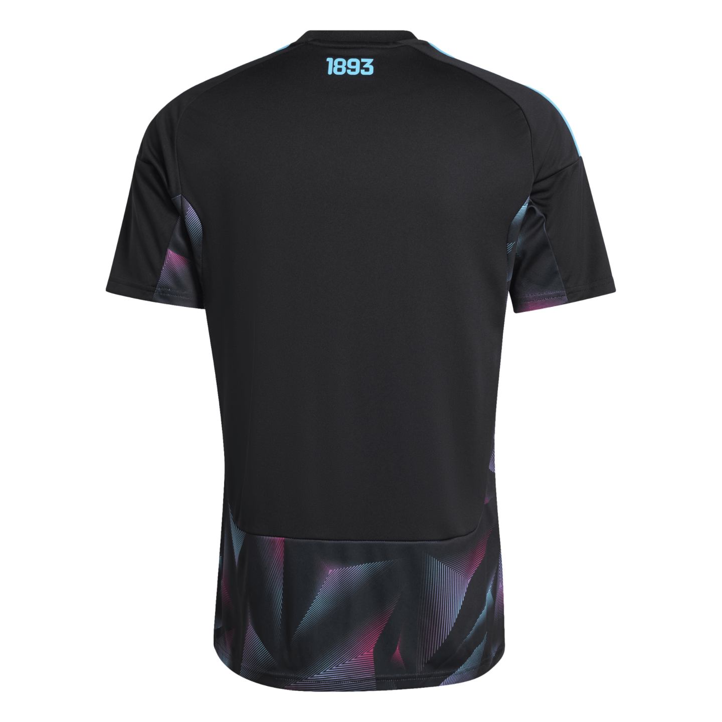 Back view of a black sports jersey with '1893' in blue and a pink/blue geometric pattern at the bottom.