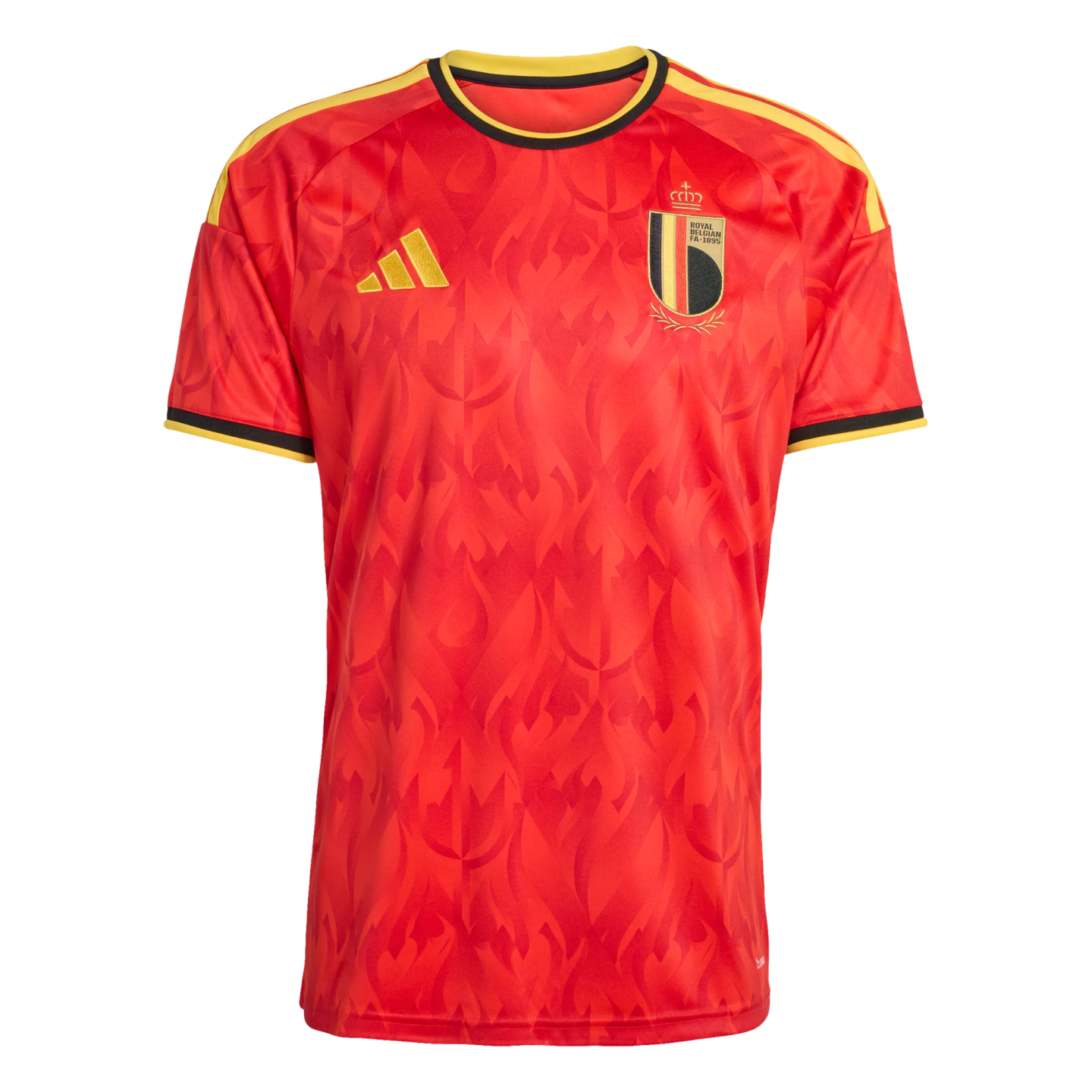 A red Adidas Belgium national football team home jersey with a subtle flame pattern, yellow shoulder stripes, and the team crest on the left chest.
