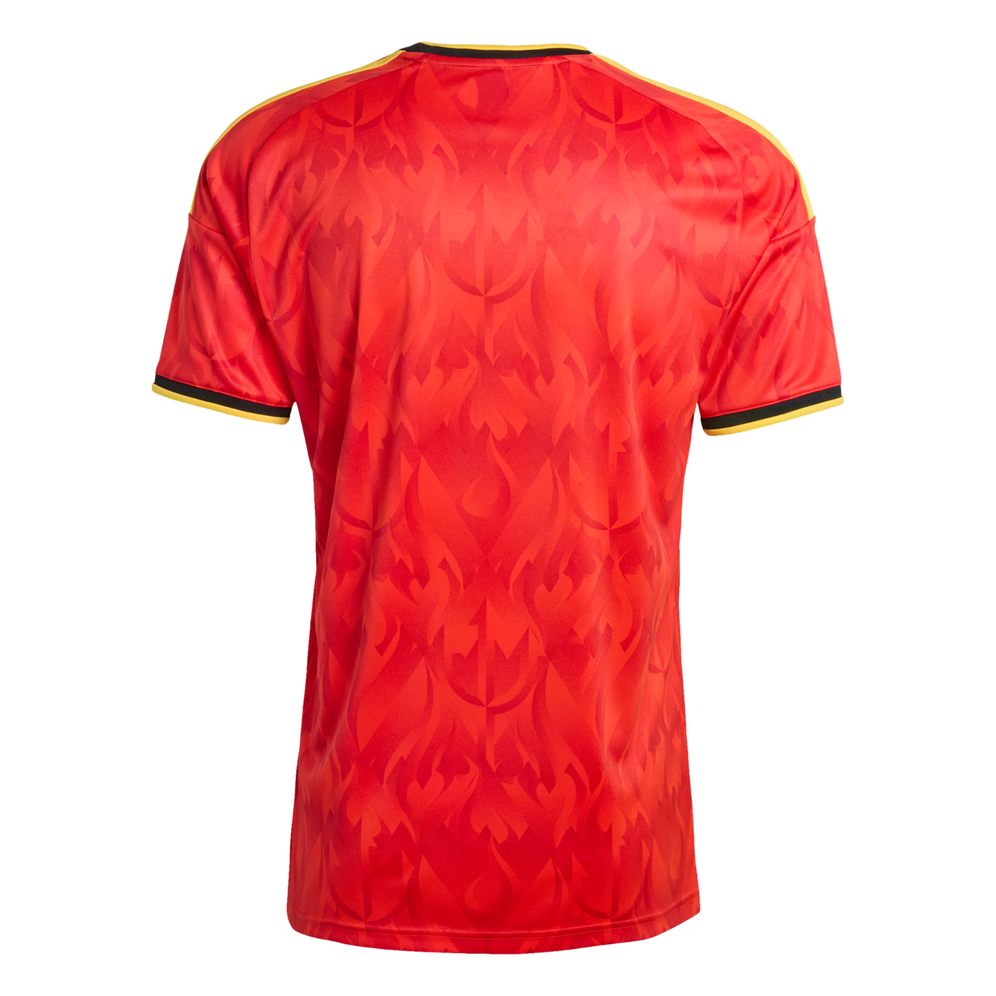 Back view of a red soccer jersey with a subtle tonal trident pattern, yellow shoulder stripes, and black and yellow trim on the collar and sleeve cuffs.