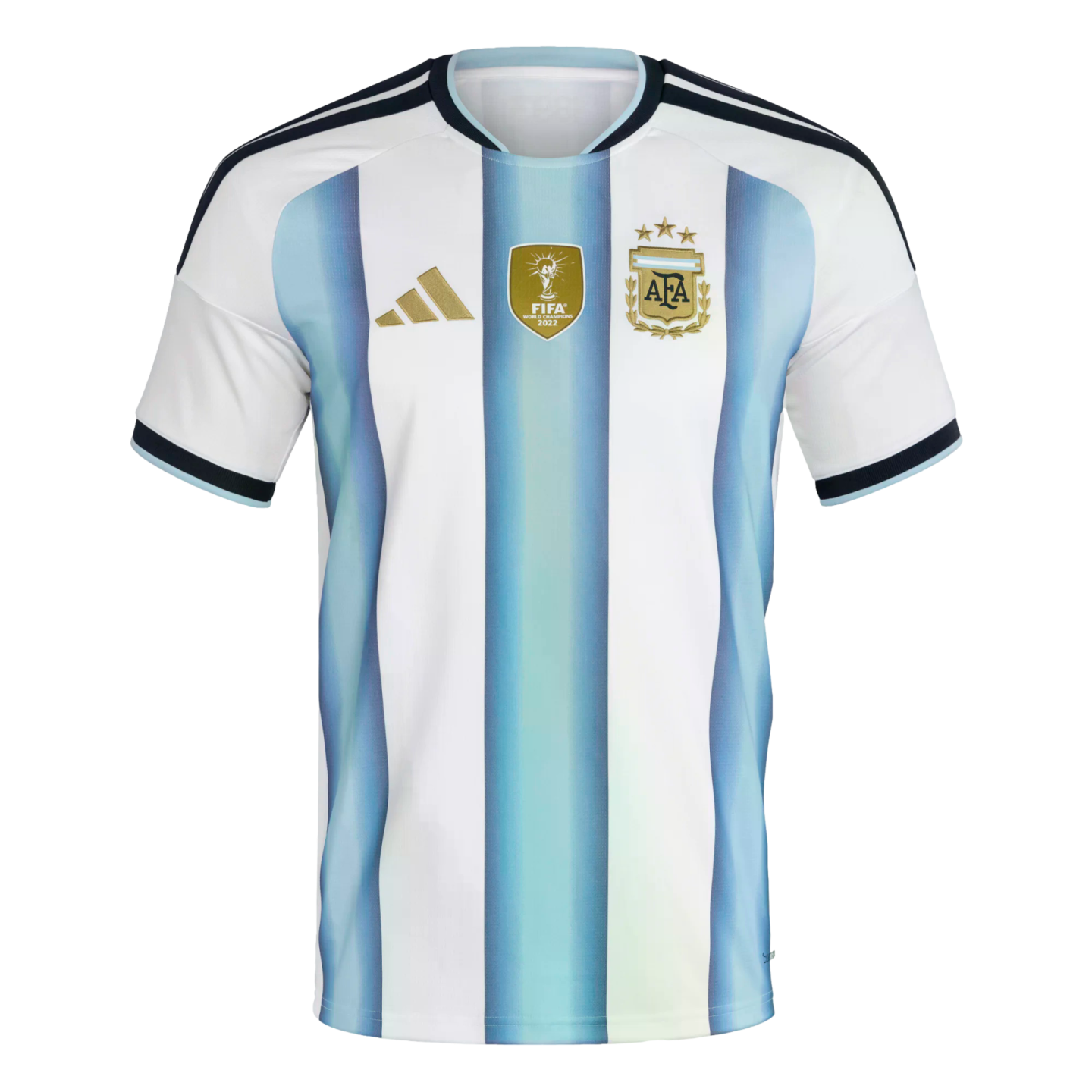 Argentina national team home jersey by Adidas featuring light blue and white stripes, three stars above the crest, and a gold FIFA World Champions 2022 patch.