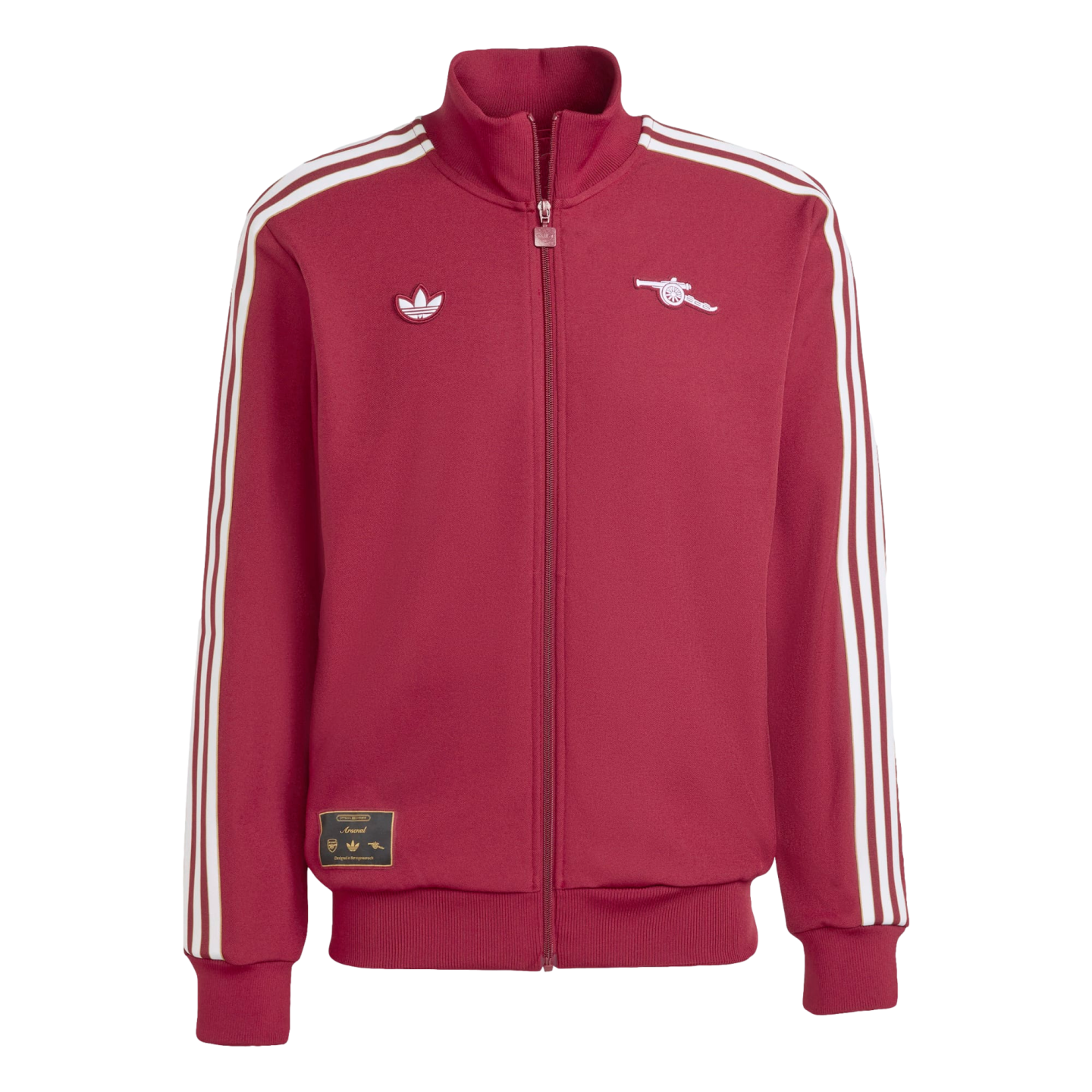 Maroon Adidas x Arsenal track jacket with white stripes on the sleeves, a trefoil logo, and the Arsenal cannon emblem on the chest.