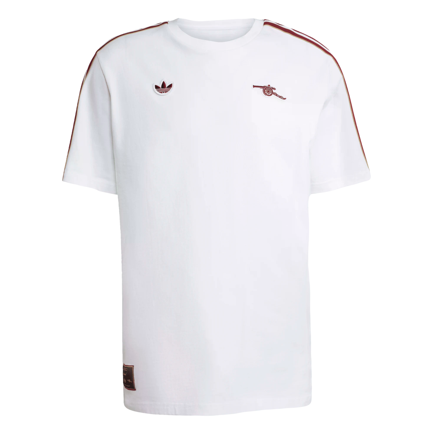 White short-sleeved Adidas t-shirt with maroon Trefoil and Arsenal cannon logos, and maroon/gold stripes on the shoulders.