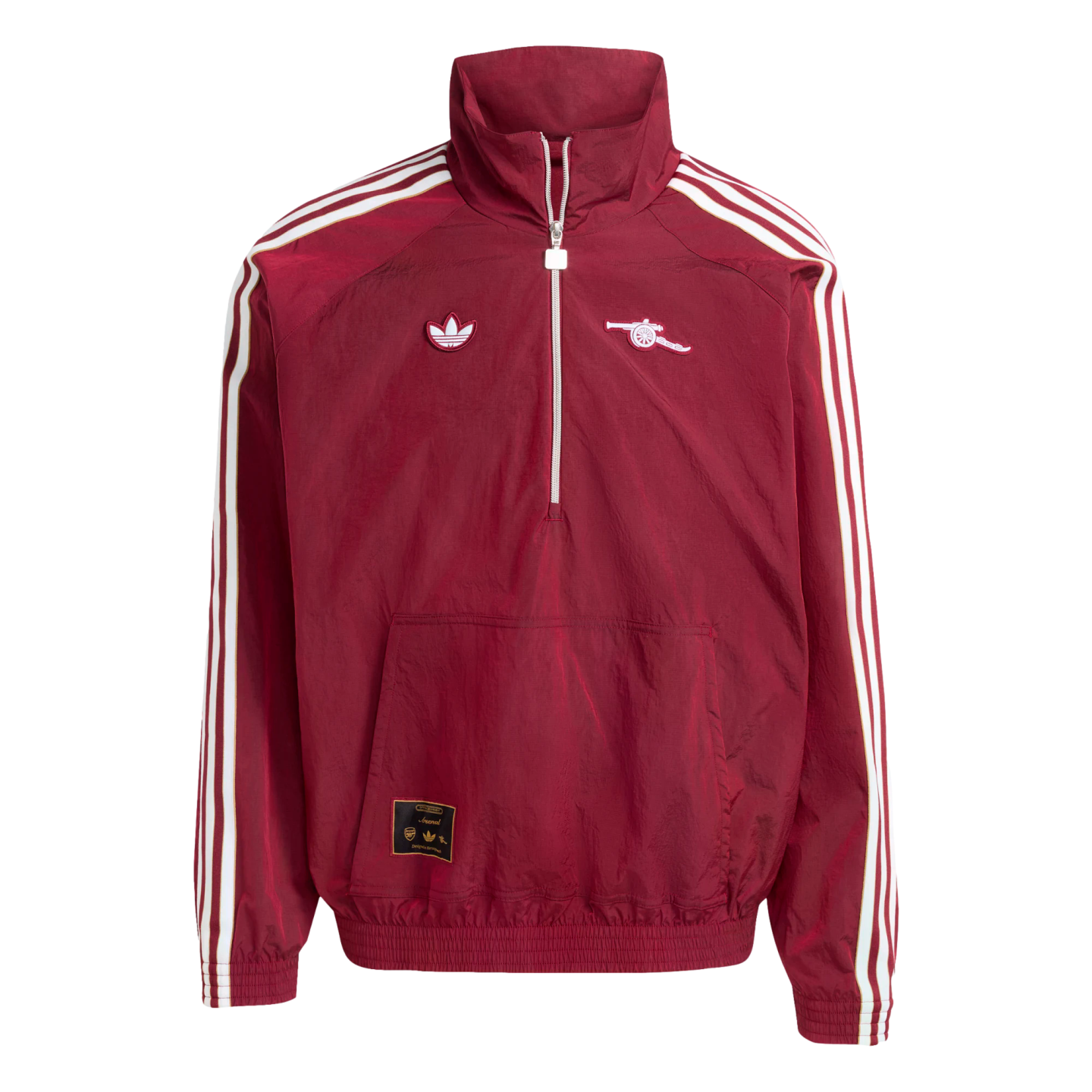 Maroon Adidas x Arsenal half-zip track jacket with white sleeve stripes. Features Trefoil logo, cannon crest, and kangaroo pocket against a black background.