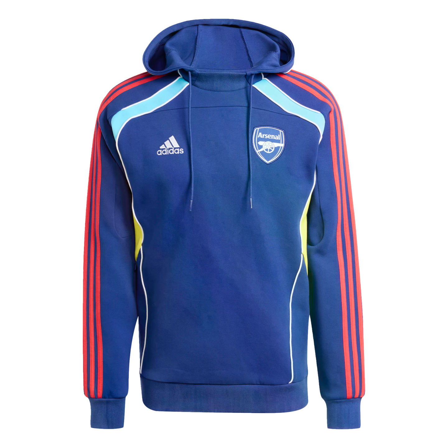 Royal blue Adidas Arsenal hoodie featuring the club crest, red sleeve stripes, and light blue and yellow shoulder panels.