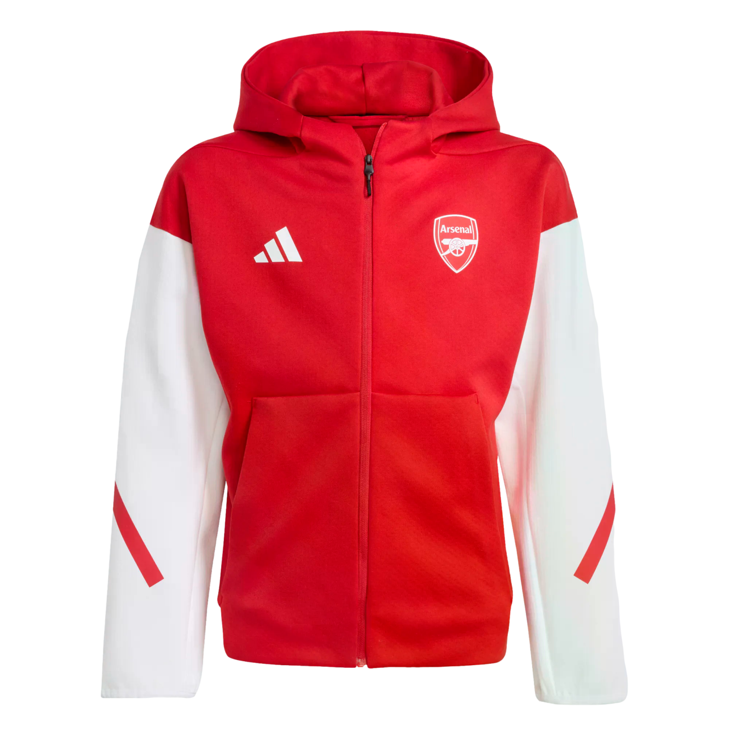 A red Adidas Arsenal zip-up hoodie with white sleeves and the team's crest on the chest.