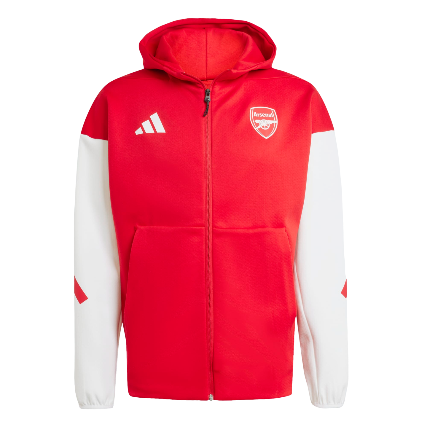 A red and white hooded zip-up jacket with the white Adidas logo on the right chest and the white Arsenal FC crest on the left chest.
