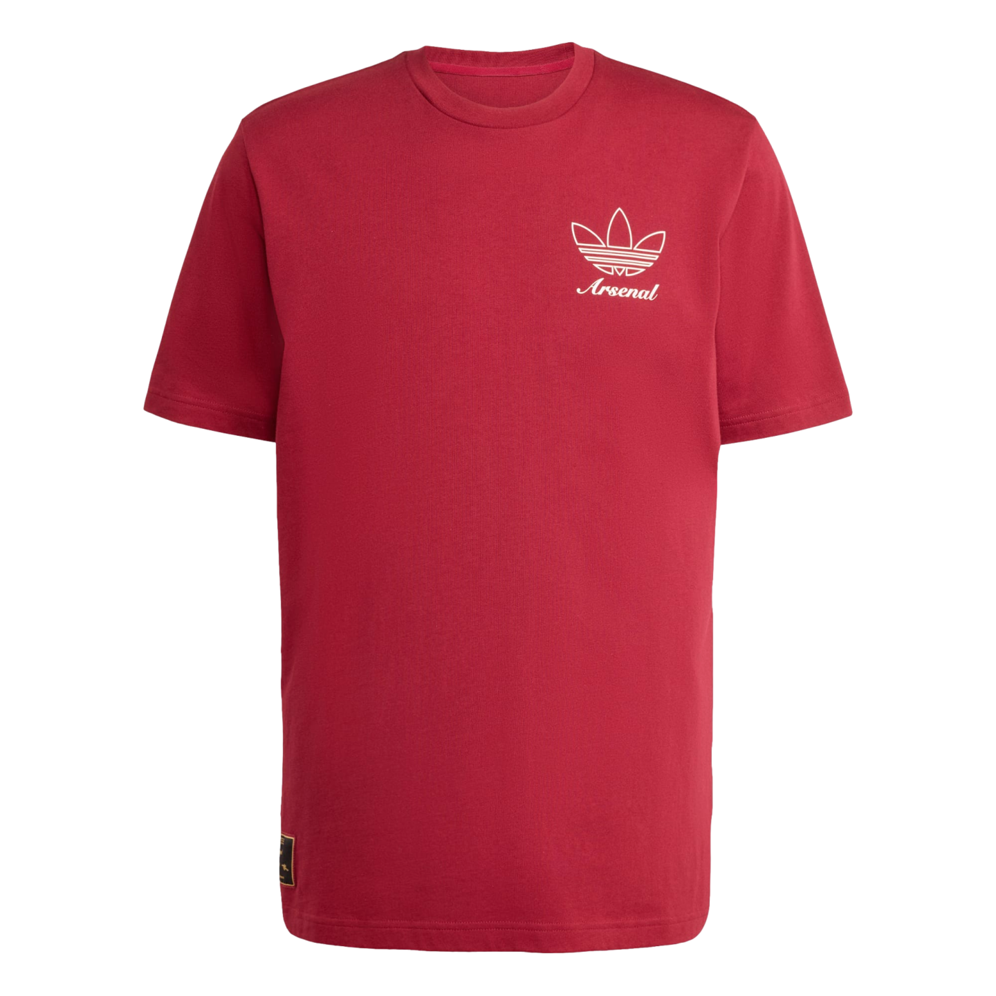 Maroon short-sleeved t-shirt with a white Adidas Trefoil logo and cursive "Arsenal" text on the chest.