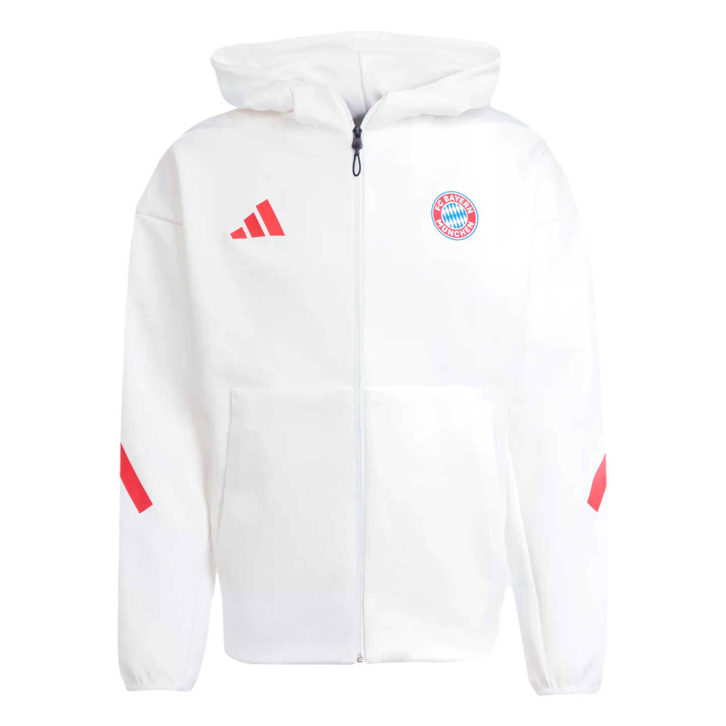 White Adidas zip-up hoodie featuring a red Adidas logo, the FC Bayern München crest, and red stripes on the sleeves.