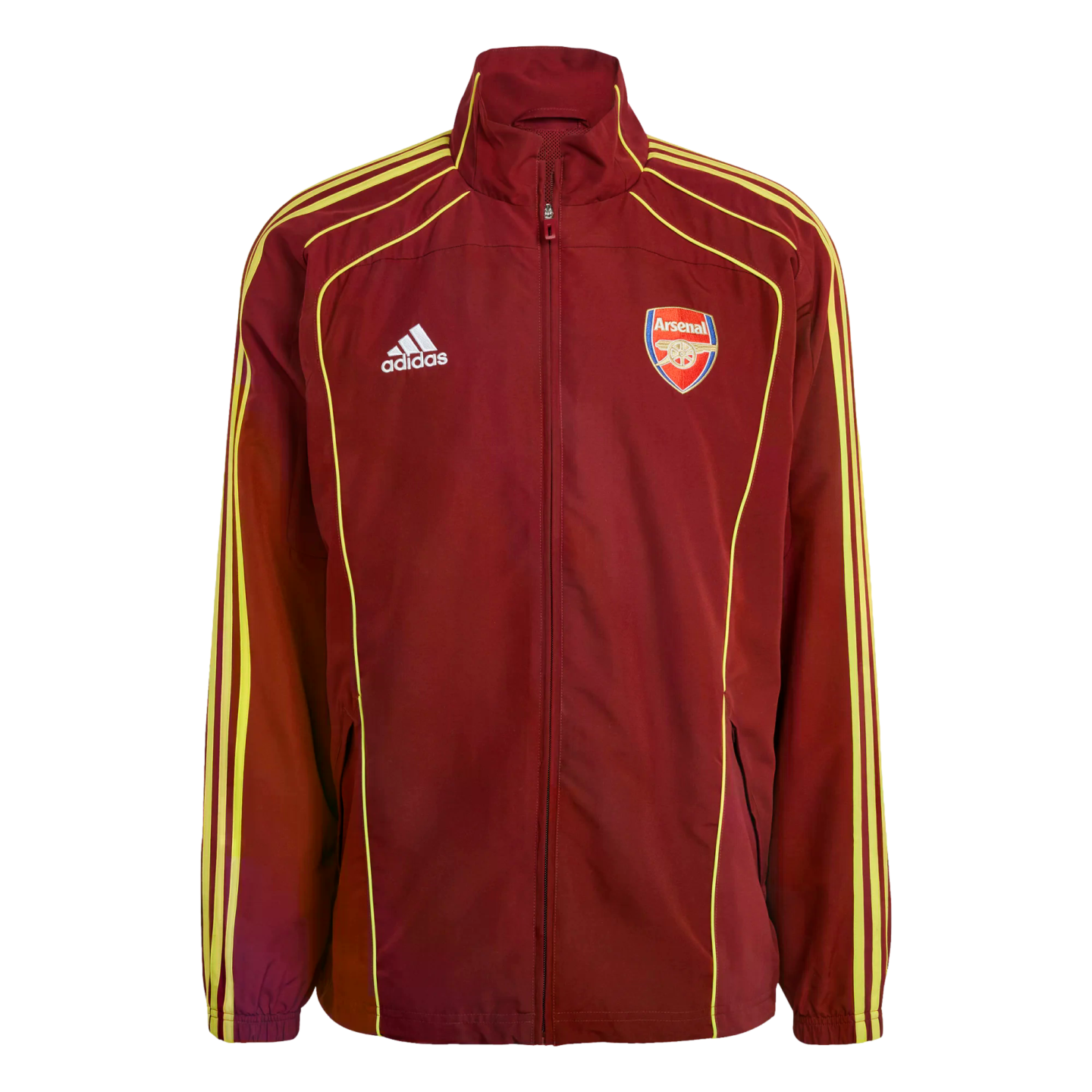 Dark red Adidas Arsenal FC zip-up jacket with yellow stripes on the sleeves and the team's crest on the chest.