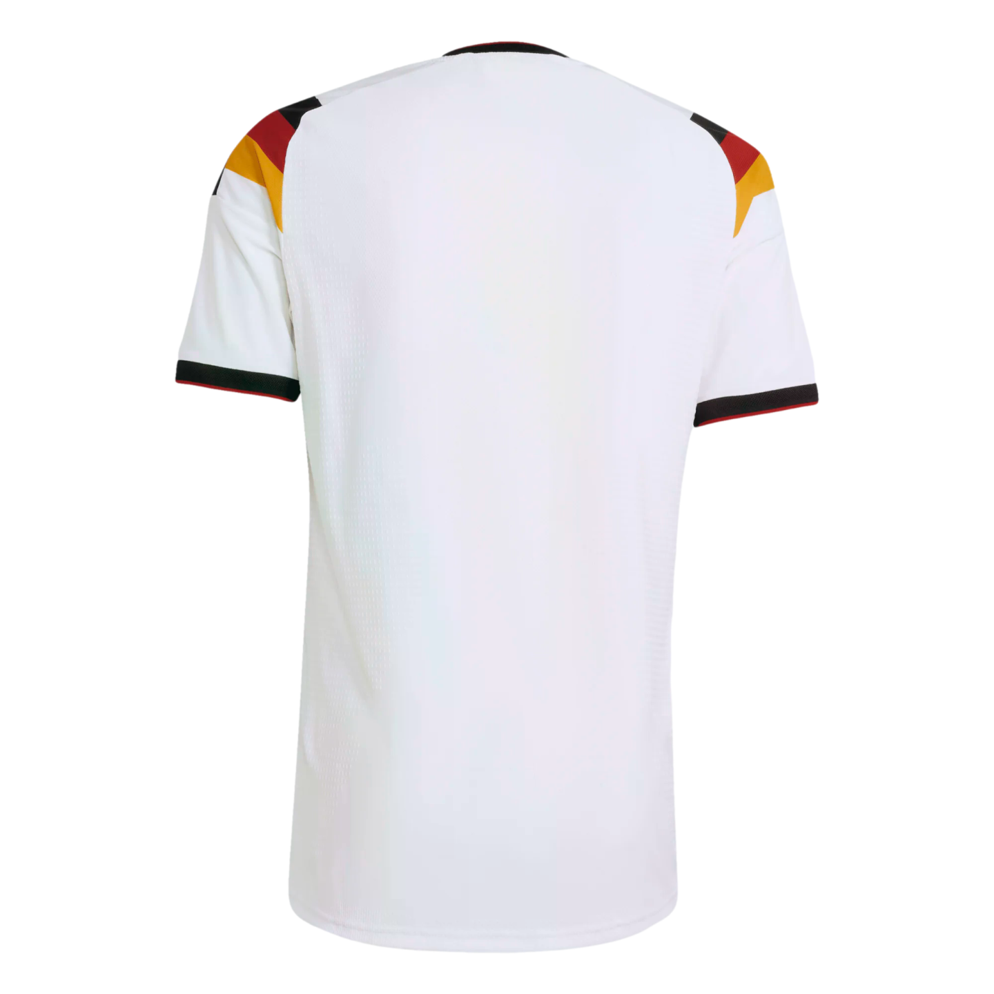 Back view of a white short-sleeved soccer jersey with German flag colors (black, red, and gold) on the shoulders and cuffs, set against a black background.