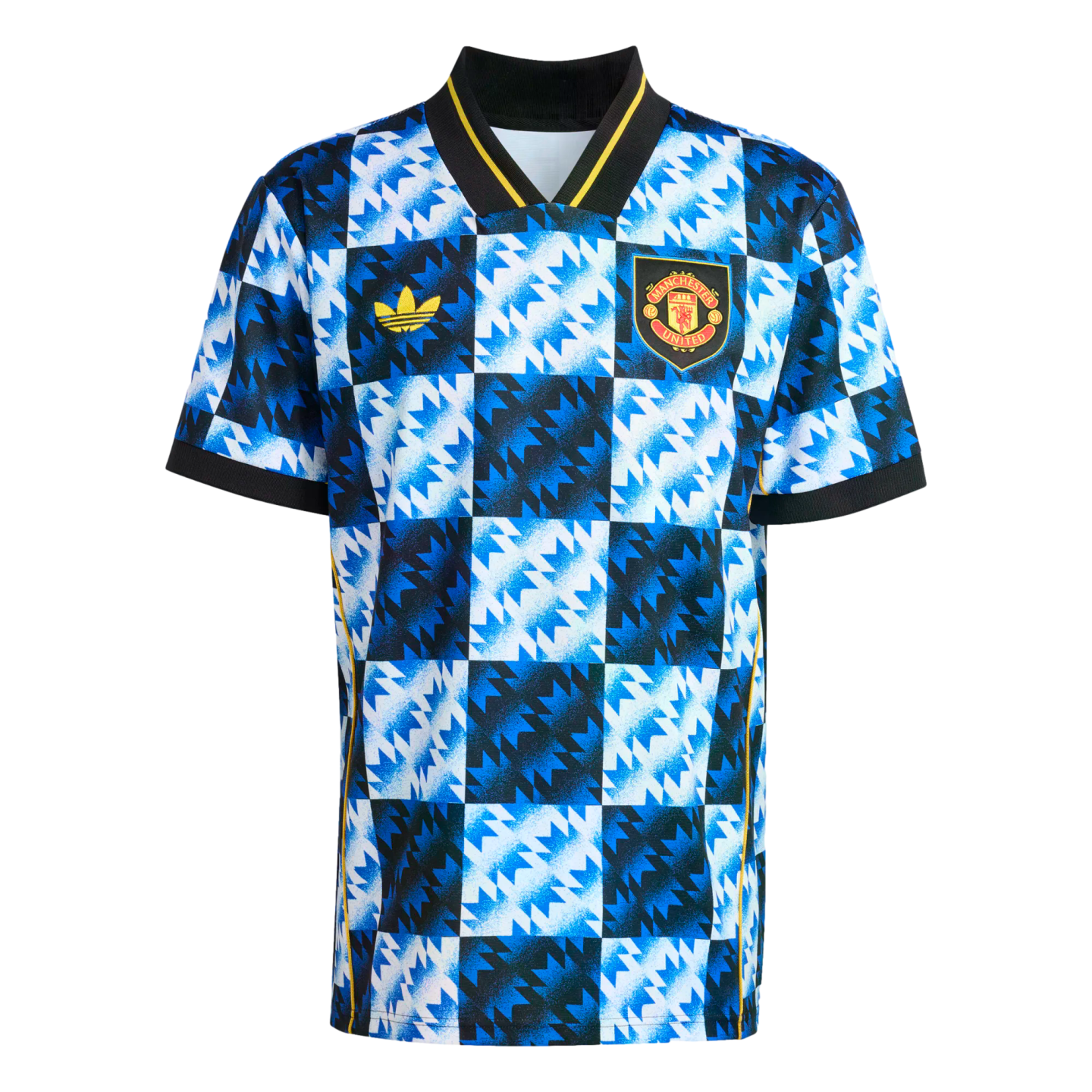 Blue and white checkered Manchester United football jersey with jagged patterns, yellow Adidas logo, and team crest. Features a black v-neck collar and sleeve cuffs.