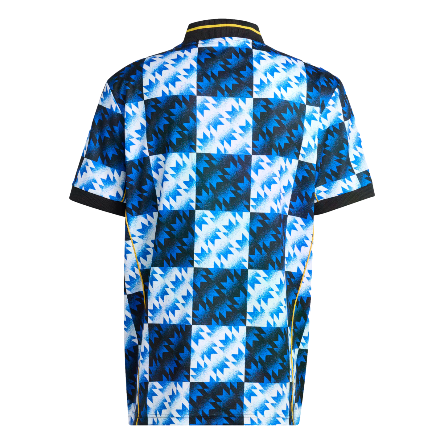 Back view of a jersey with a blue, white, and black checkerboard pattern and jagged geometric shapes. Features a black ribbed collar and cuffs with yellow trim.
