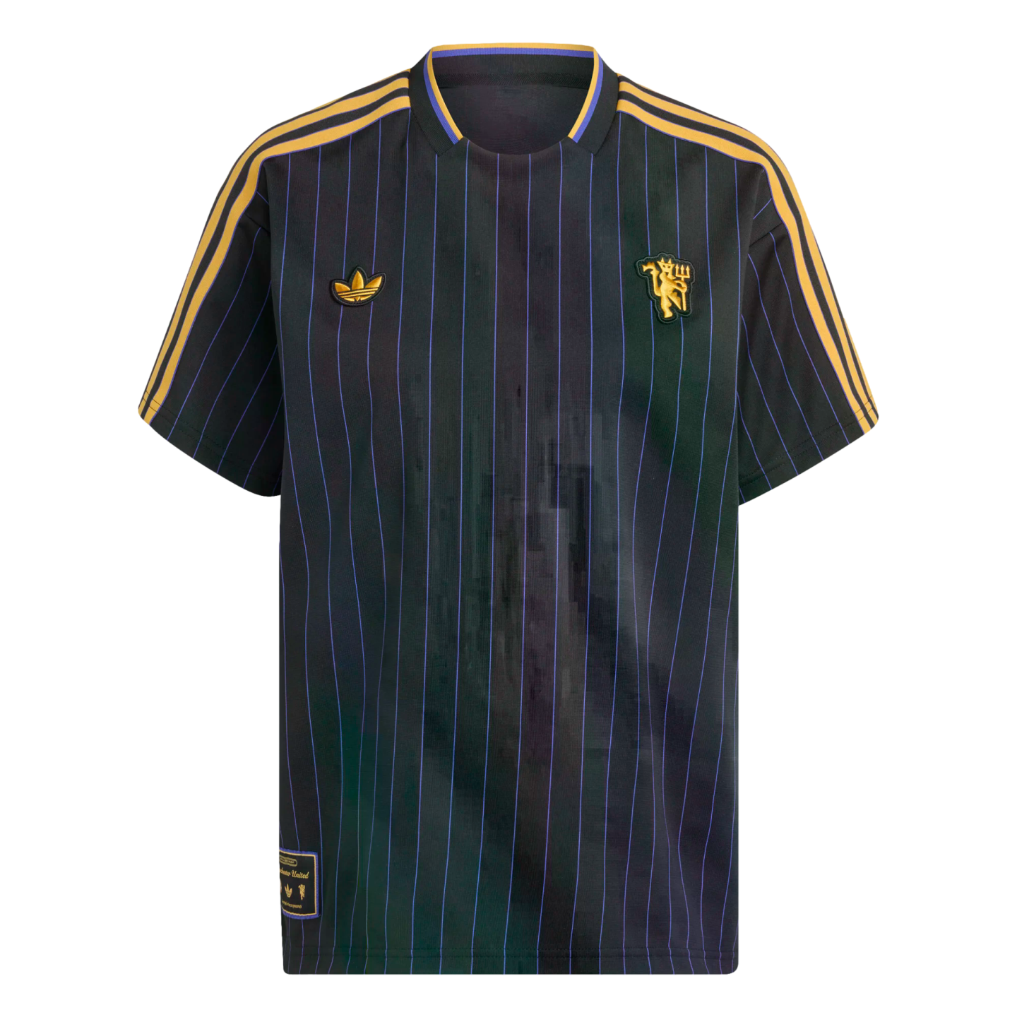 Black Manchester United soccer jersey with purple pinstripes. It features gold shoulder stripes, a gold Adidas trefoil logo, and a gold club crest on the chest.