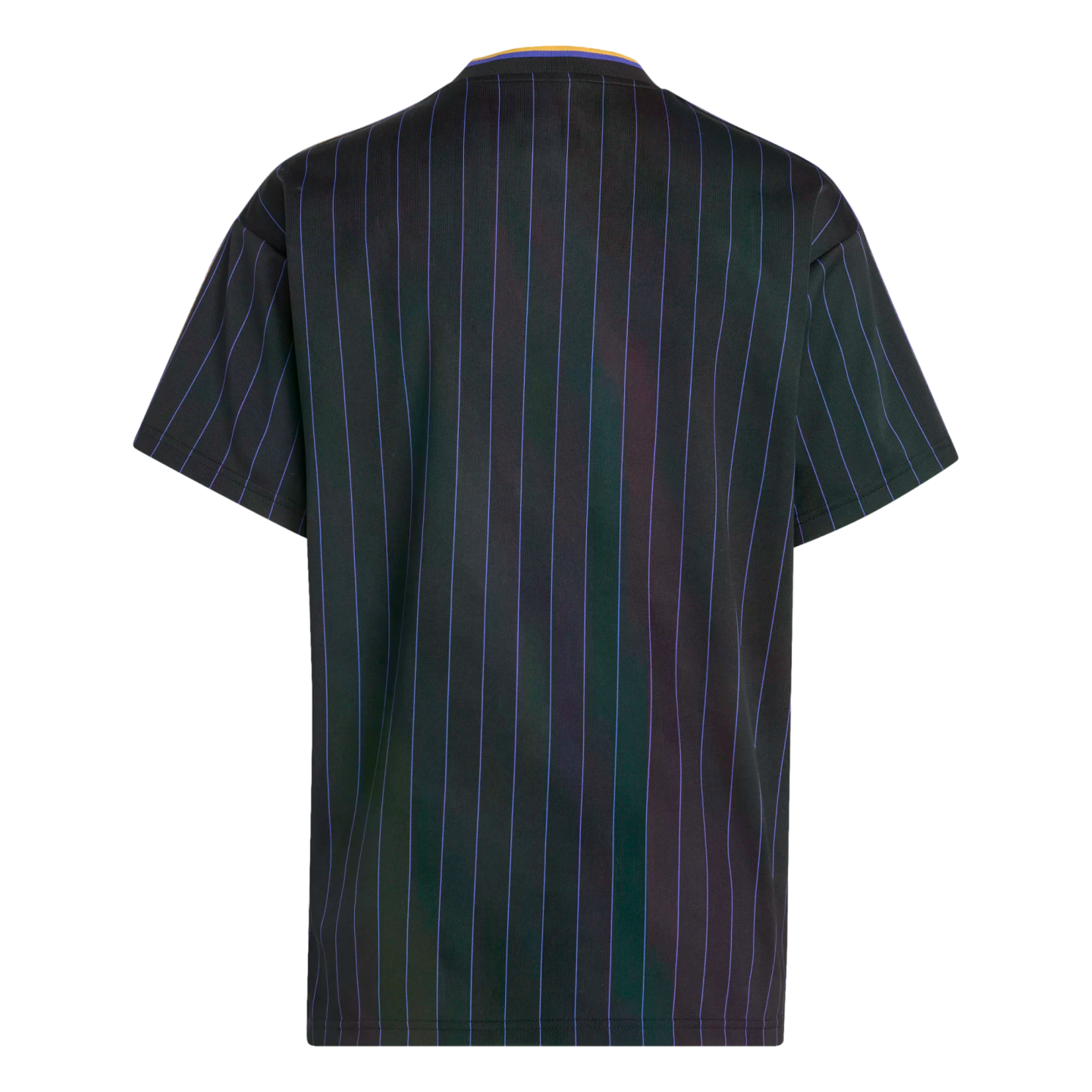 Back view of a black short-sleeve shirt with thin, vertical purple and blue pinstripes and a gold-lined collar.