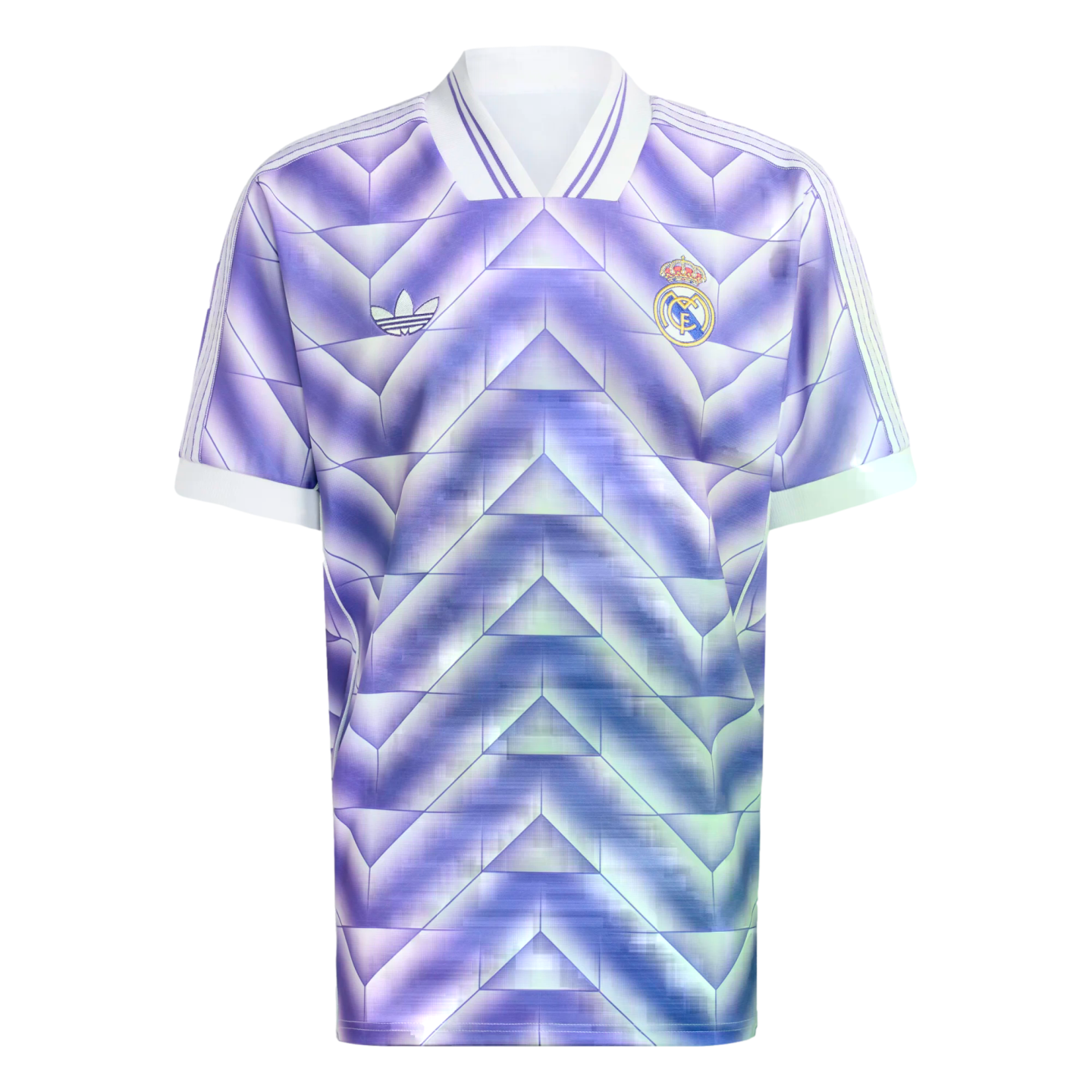 A purple Real Madrid Adidas jersey with a 3D geometric chevron pattern. Features white collar and cuffs, the club crest, and the trefoil logo.