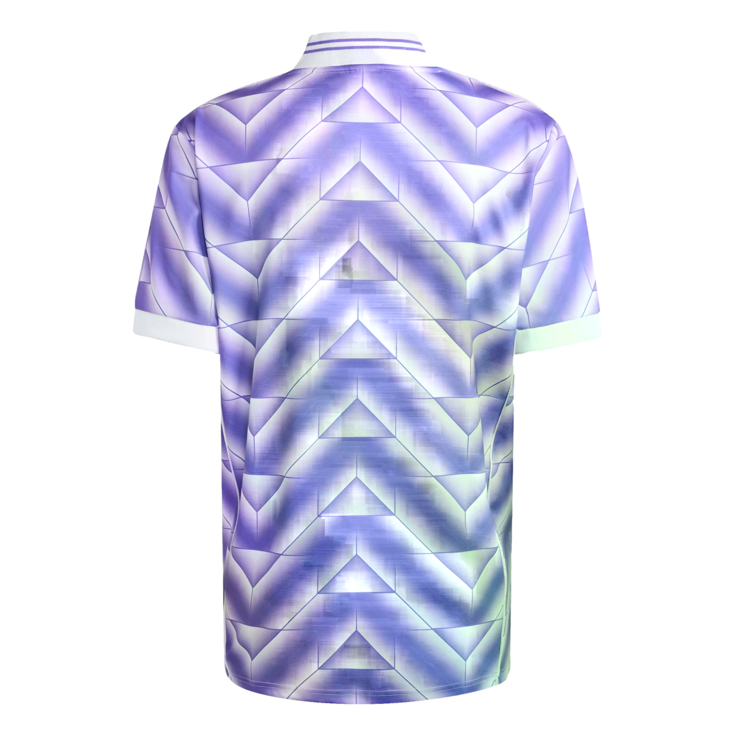 The back of a purple football jersey with a geometric chevron pattern, featuring a white collar and sleeve cuffs against a black background.