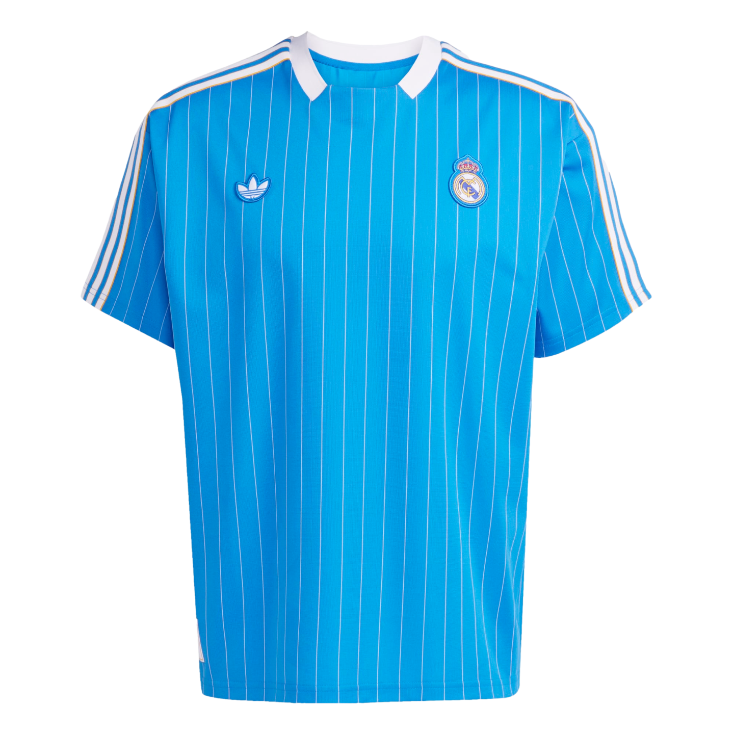 Light blue pinstriped Real Madrid soccer jersey with Adidas Trefoil logo, club crest, white collar, and white-gold shoulder stripes.