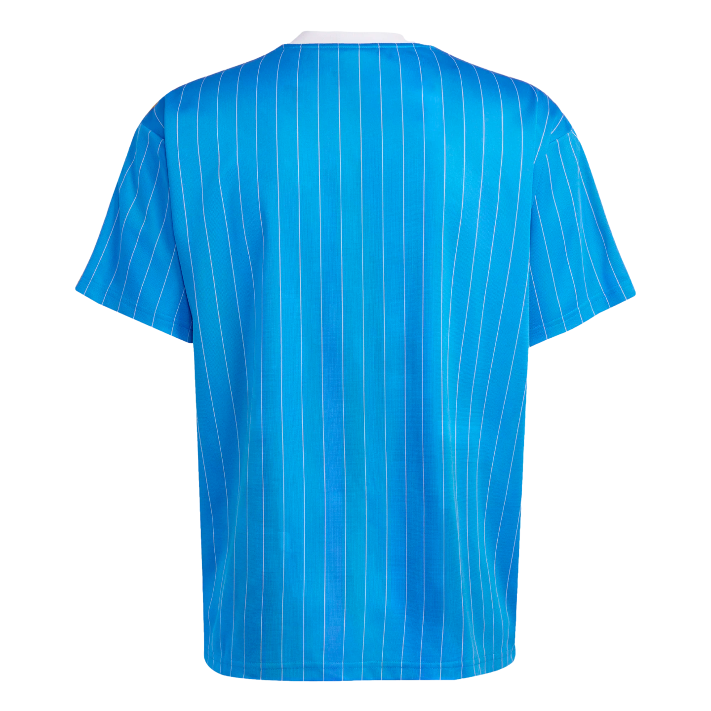 The back of a light blue short-sleeved jersey with thin white vertical pinstripes and a white crew neck collar, against a black background.